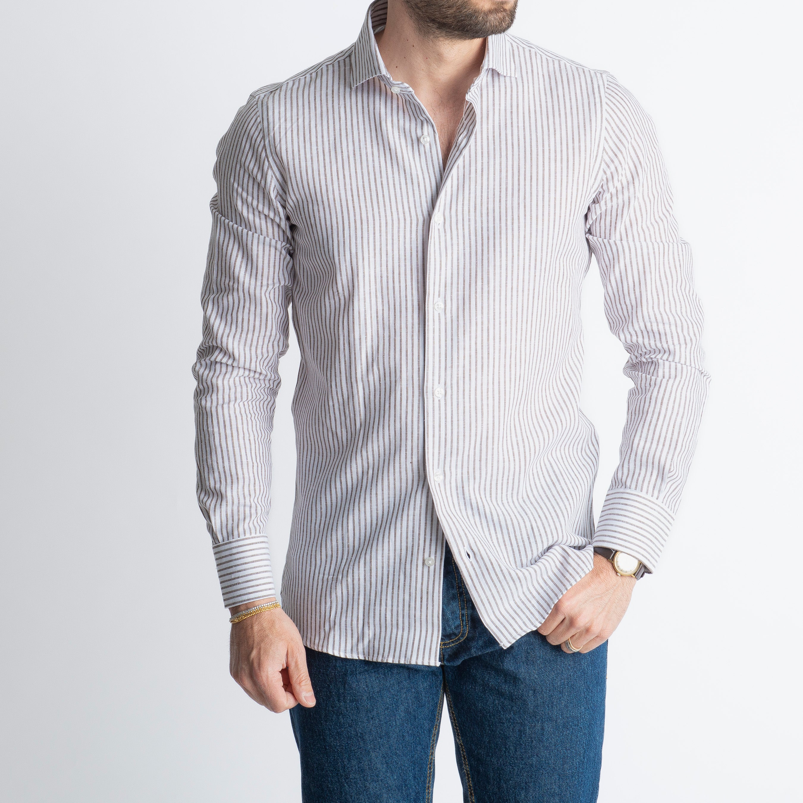 Camicia in Lino Rigata 03 Moro