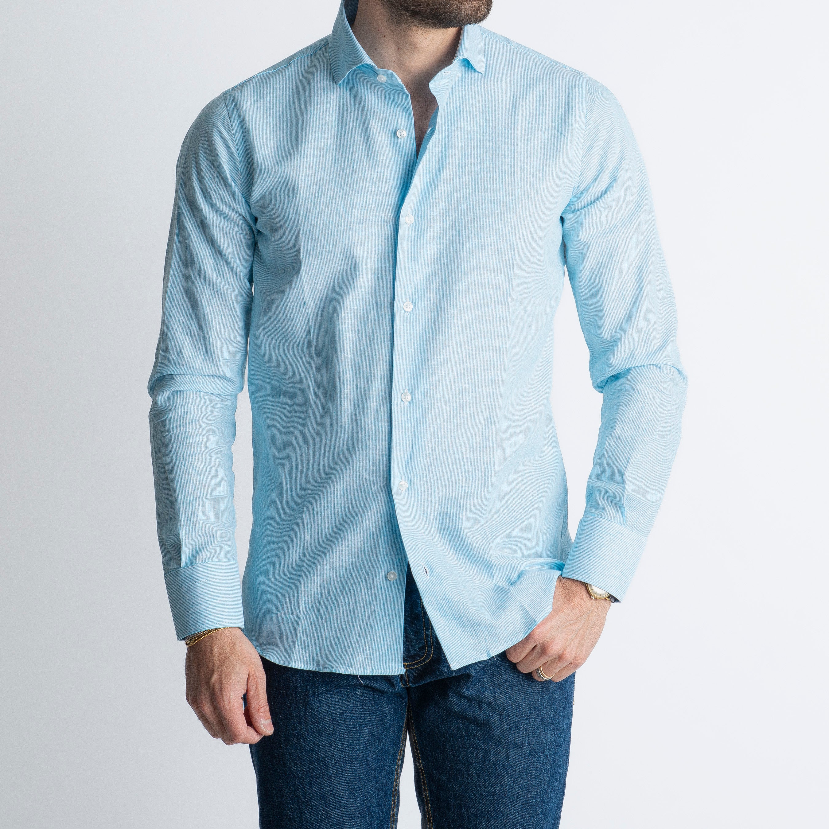 Camicia in Lino Mille Righe Turchese