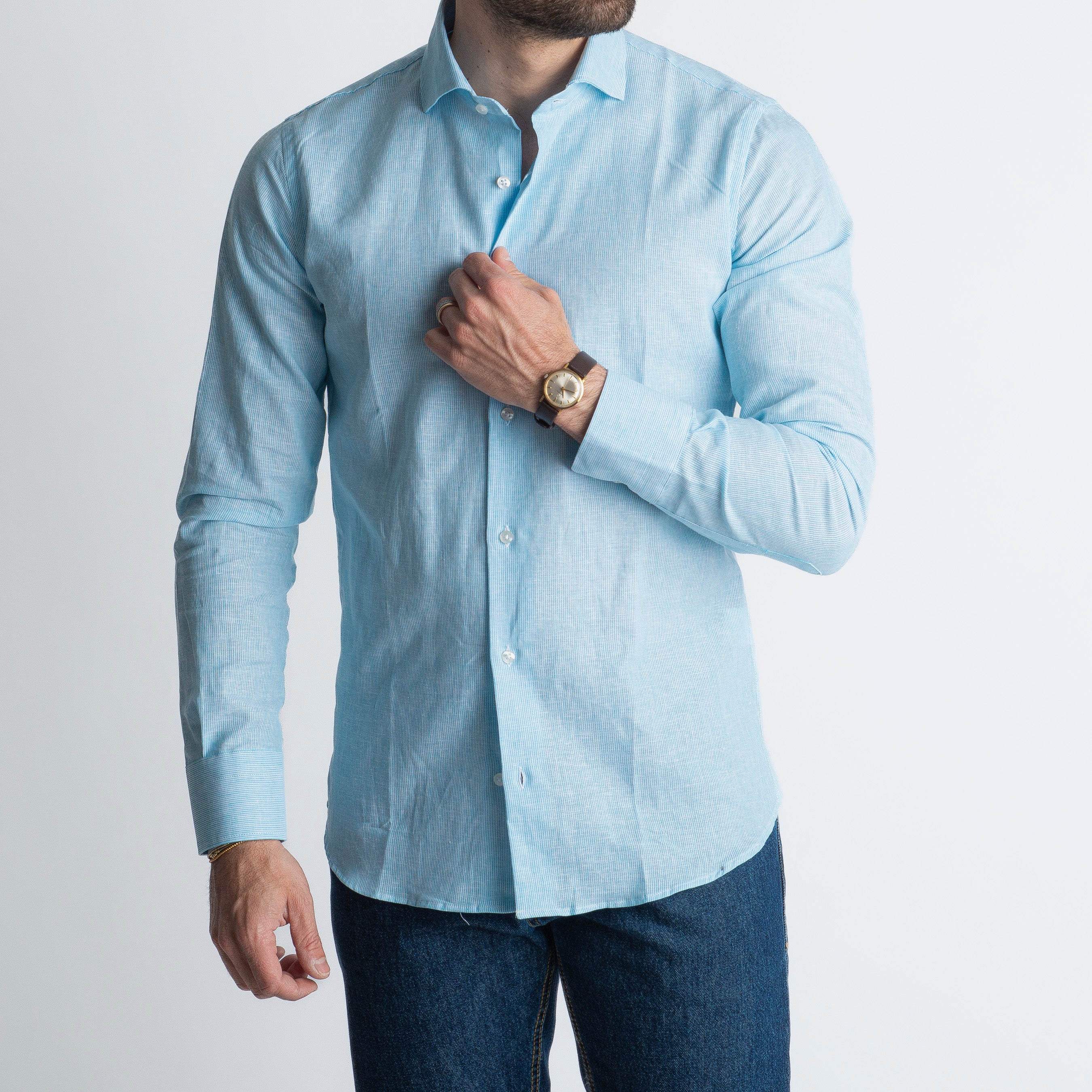 Camicia in Lino Mille Righe Turchese