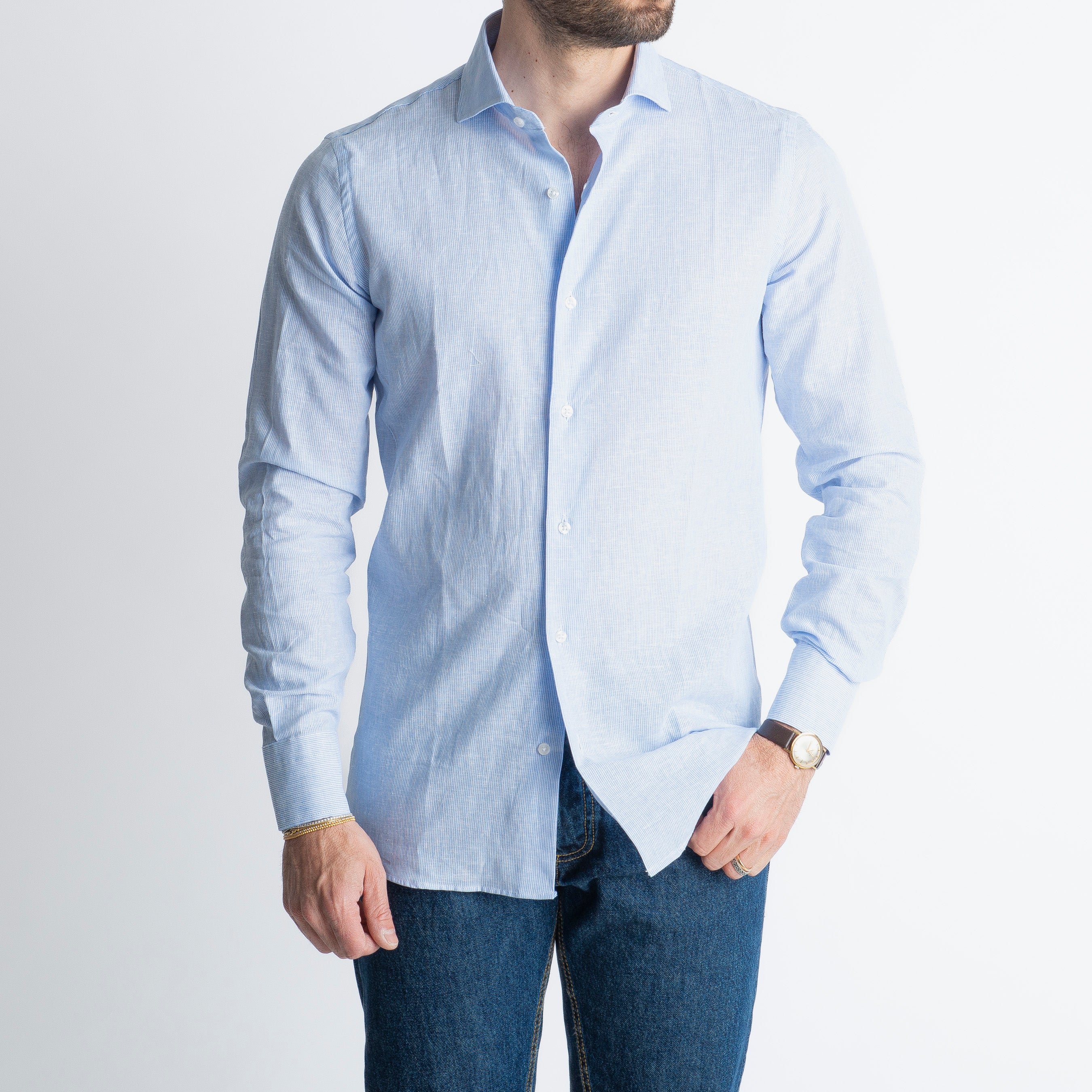 Camicia in Lino Mille Righe Celeste