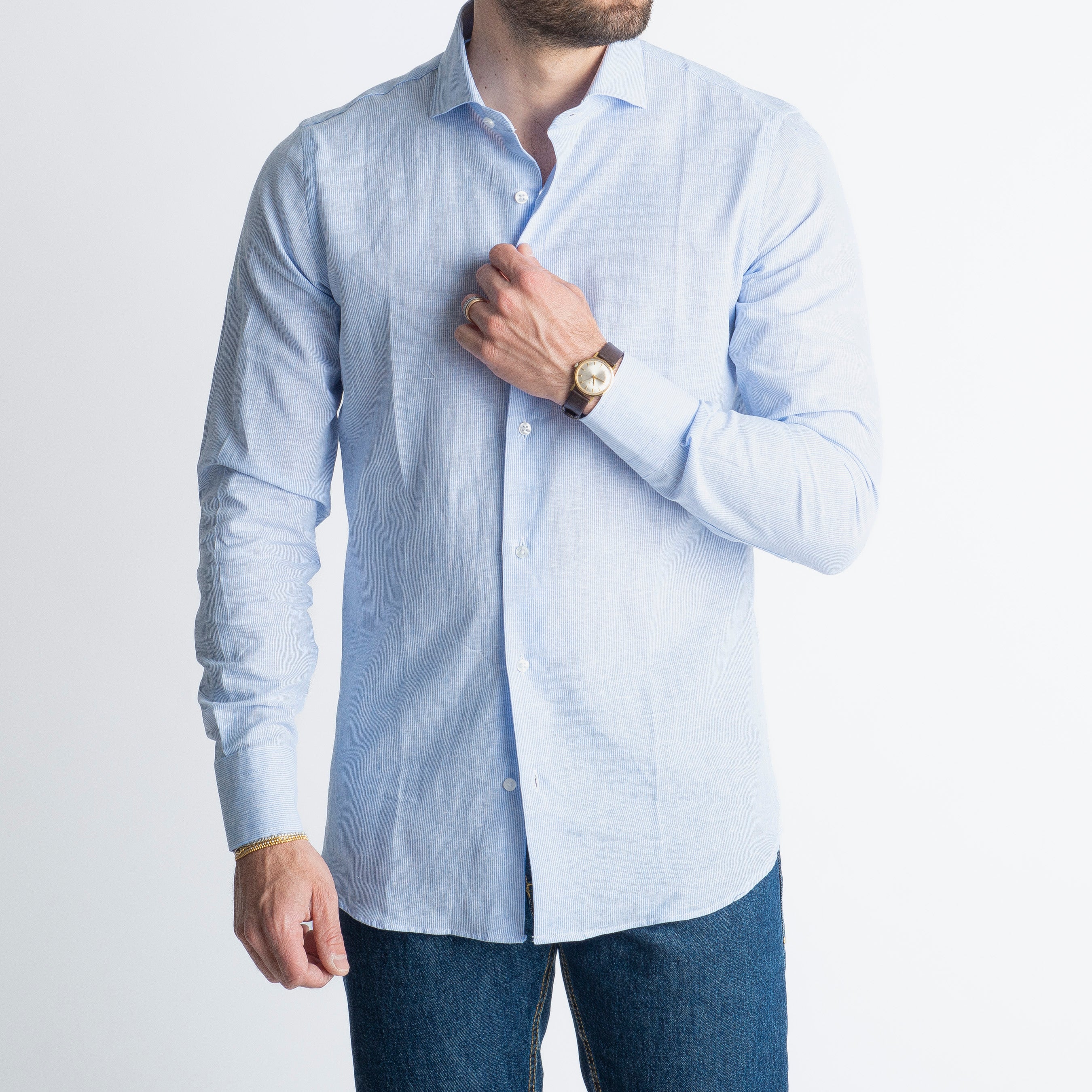 Camicia in Lino Mille Righe Celeste
