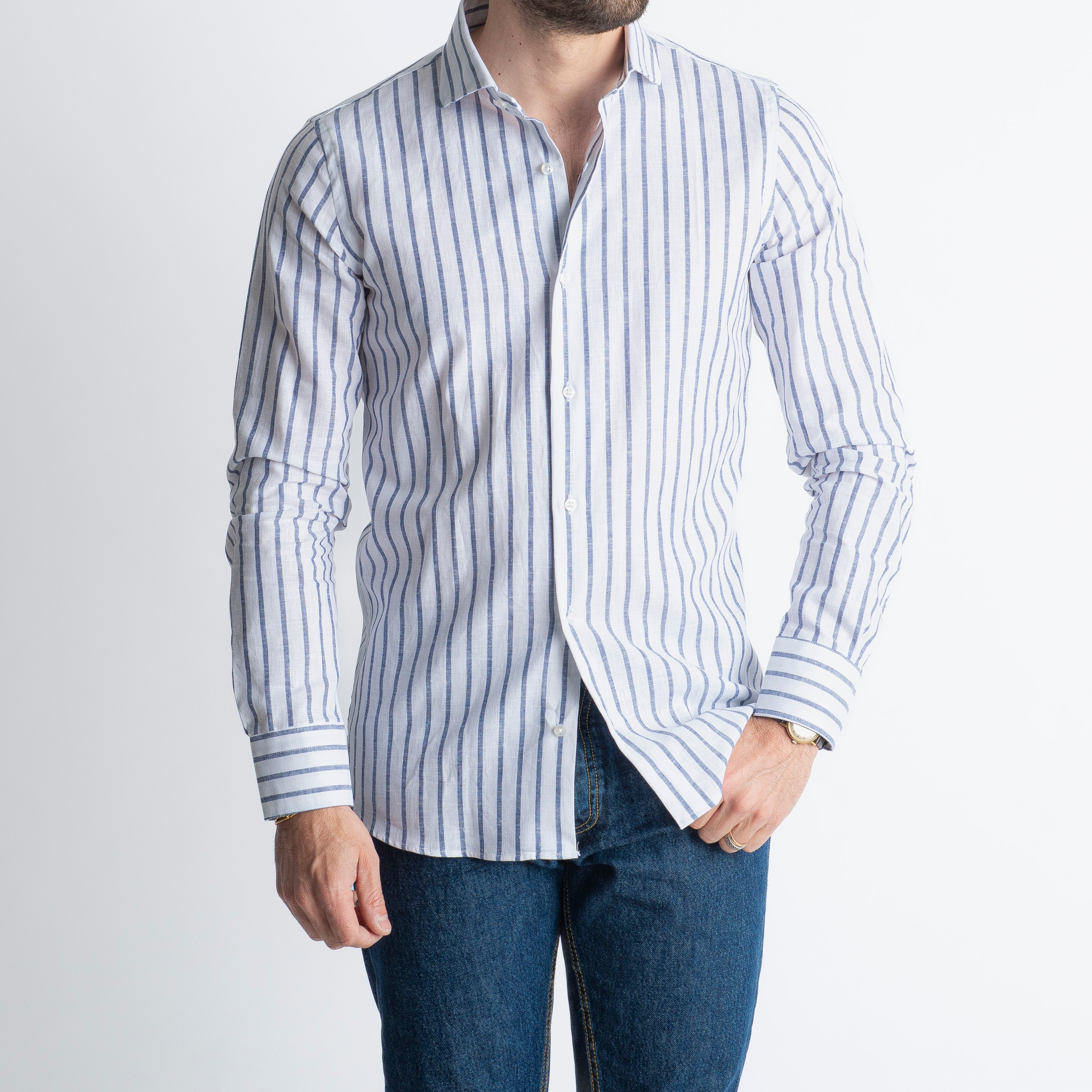 Camicia in Lino Rigata 01 Blu Notte