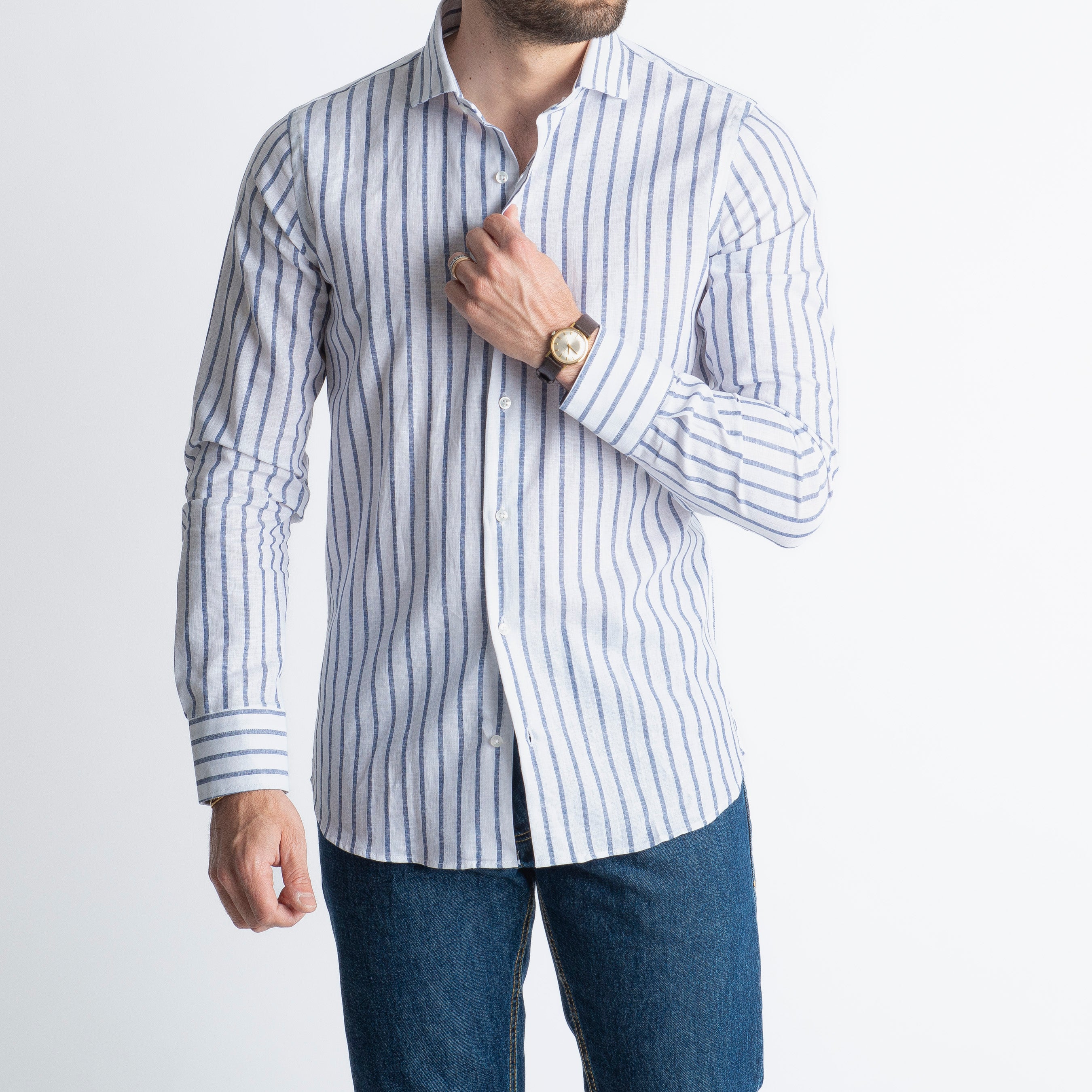 Camicia in Lino Rigata 01 Blu Notte