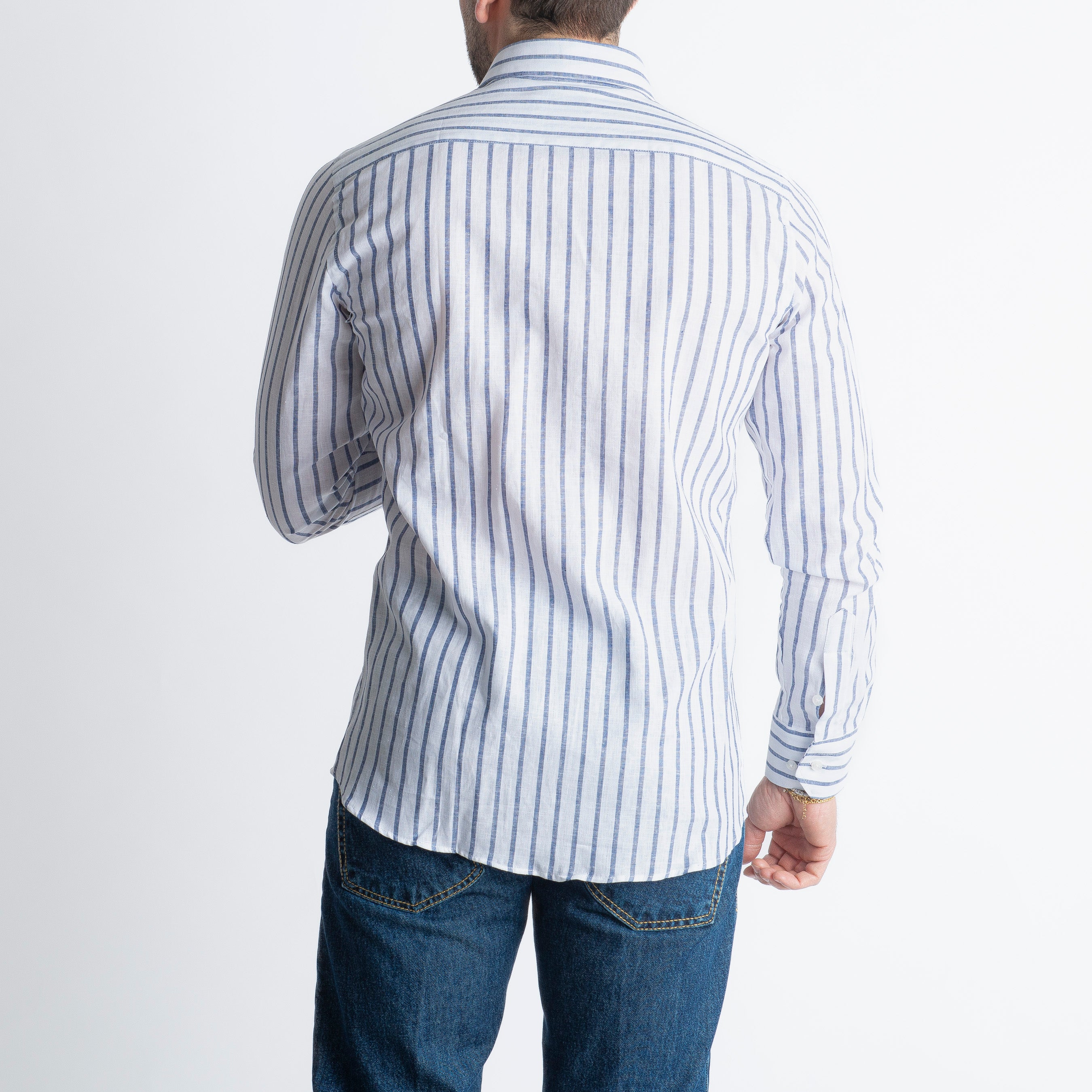 Camicia in Lino Rigata 01 Blu Notte