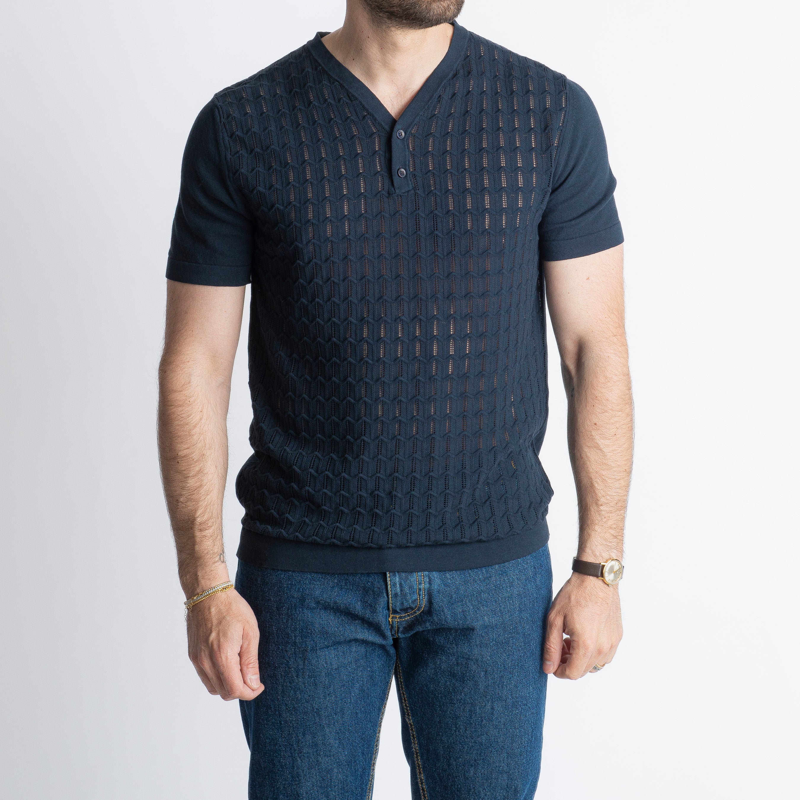 T-shirt Serafino in Crêpe di Cotone con Motivo Blu