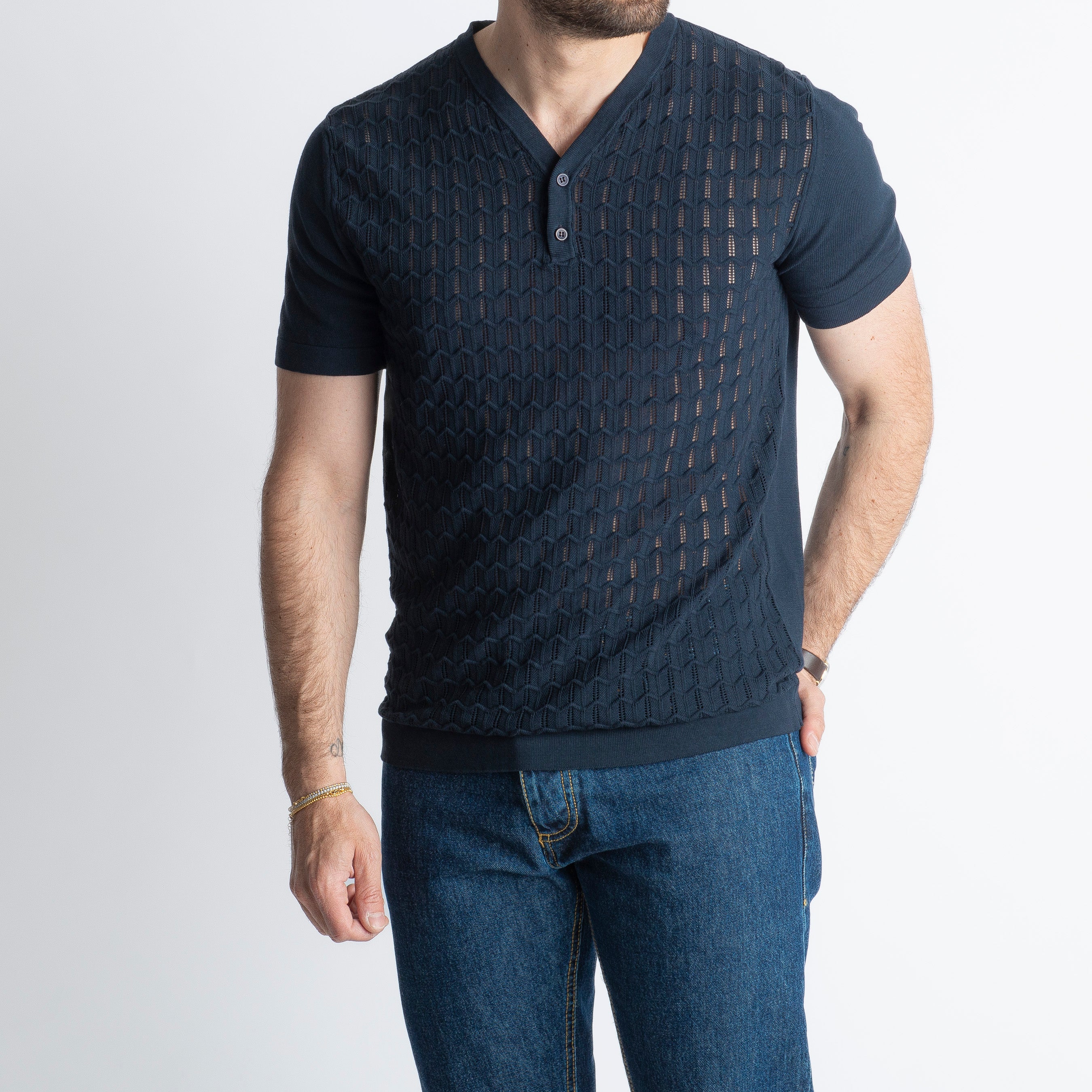 T-shirt Serafino in Crêpe di Cotone con Motivo Blu