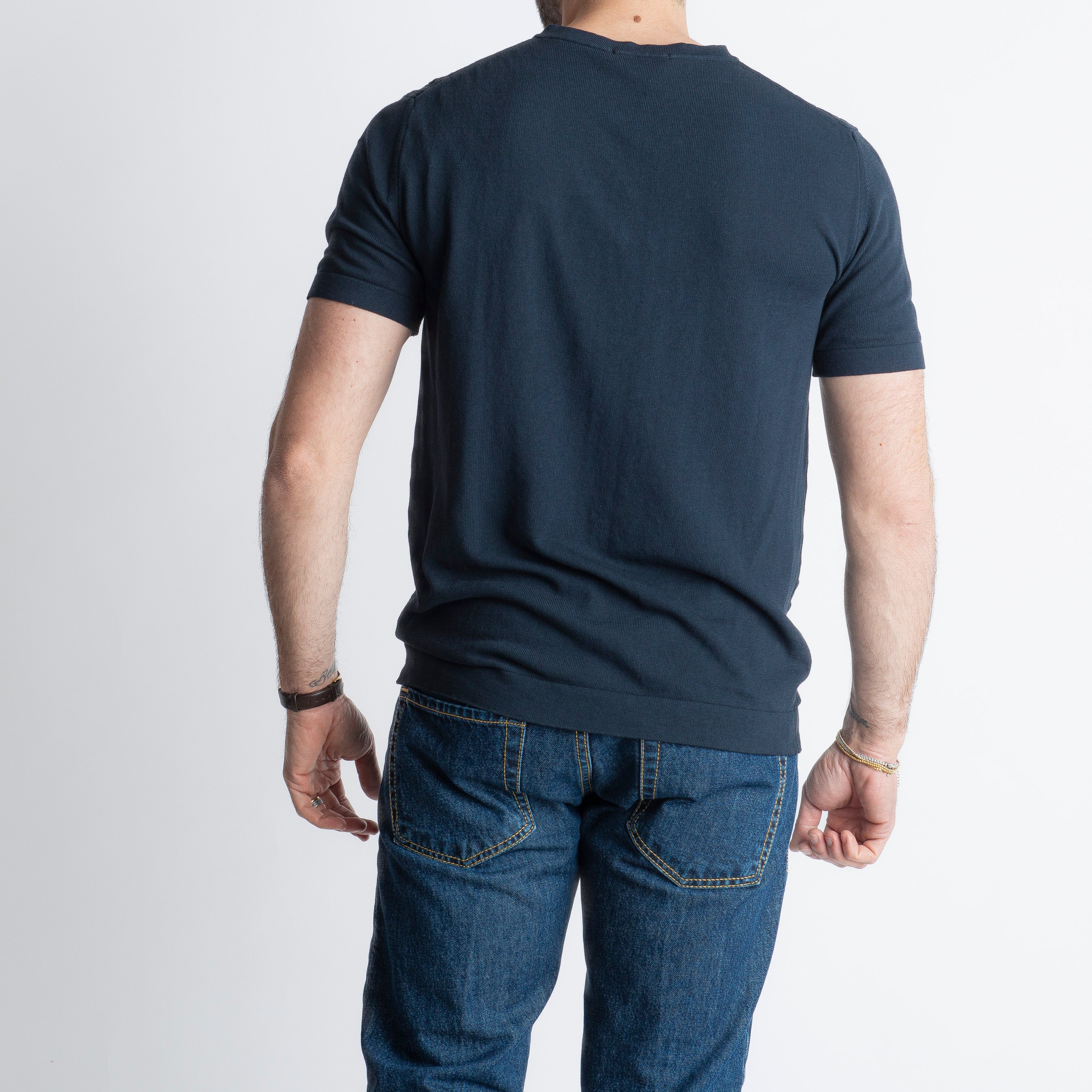 T-shirt Serafino in Crêpe di Cotone con Motivo Blu