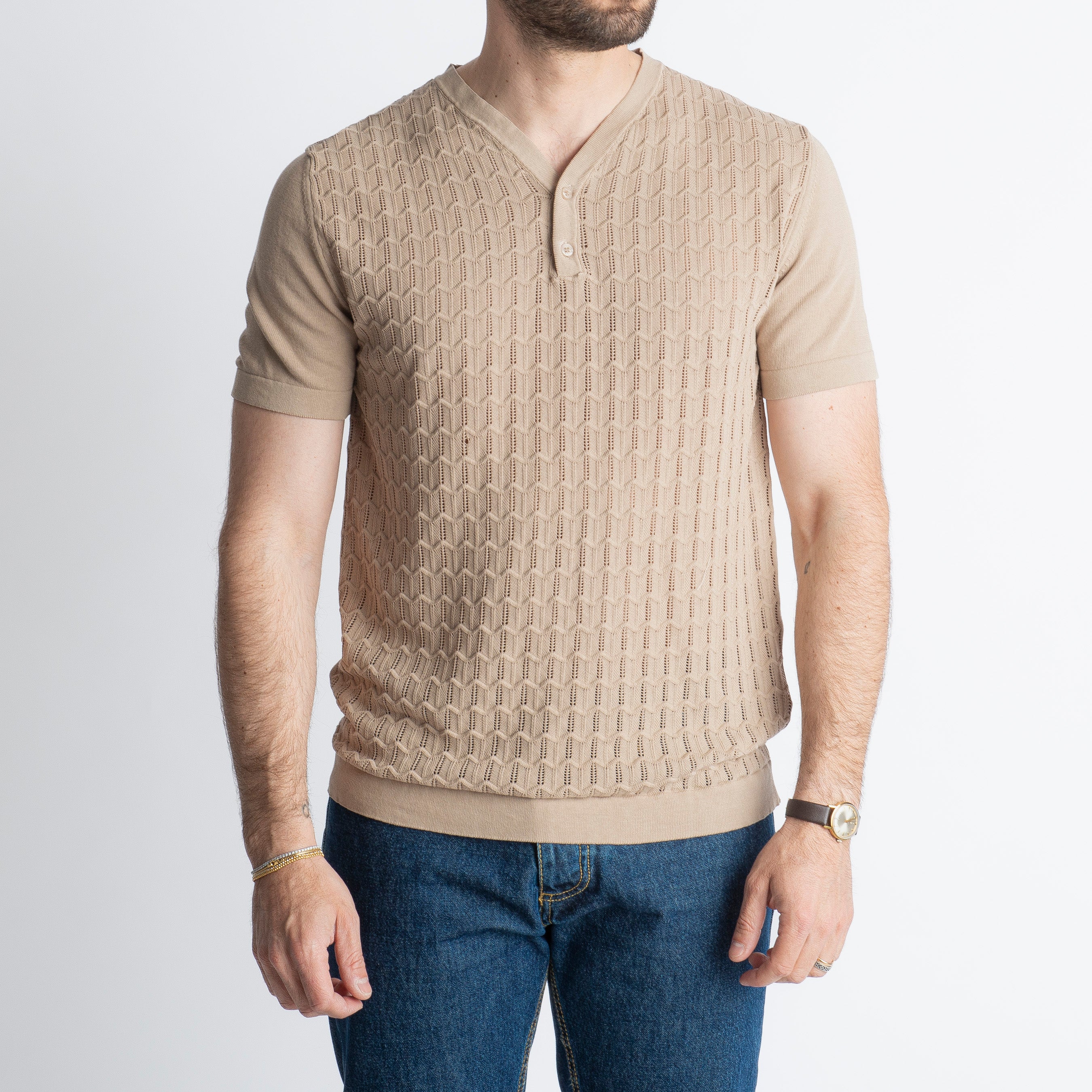 T-shirt Serafino in Crêpe di Cotone con motivo Sabbia