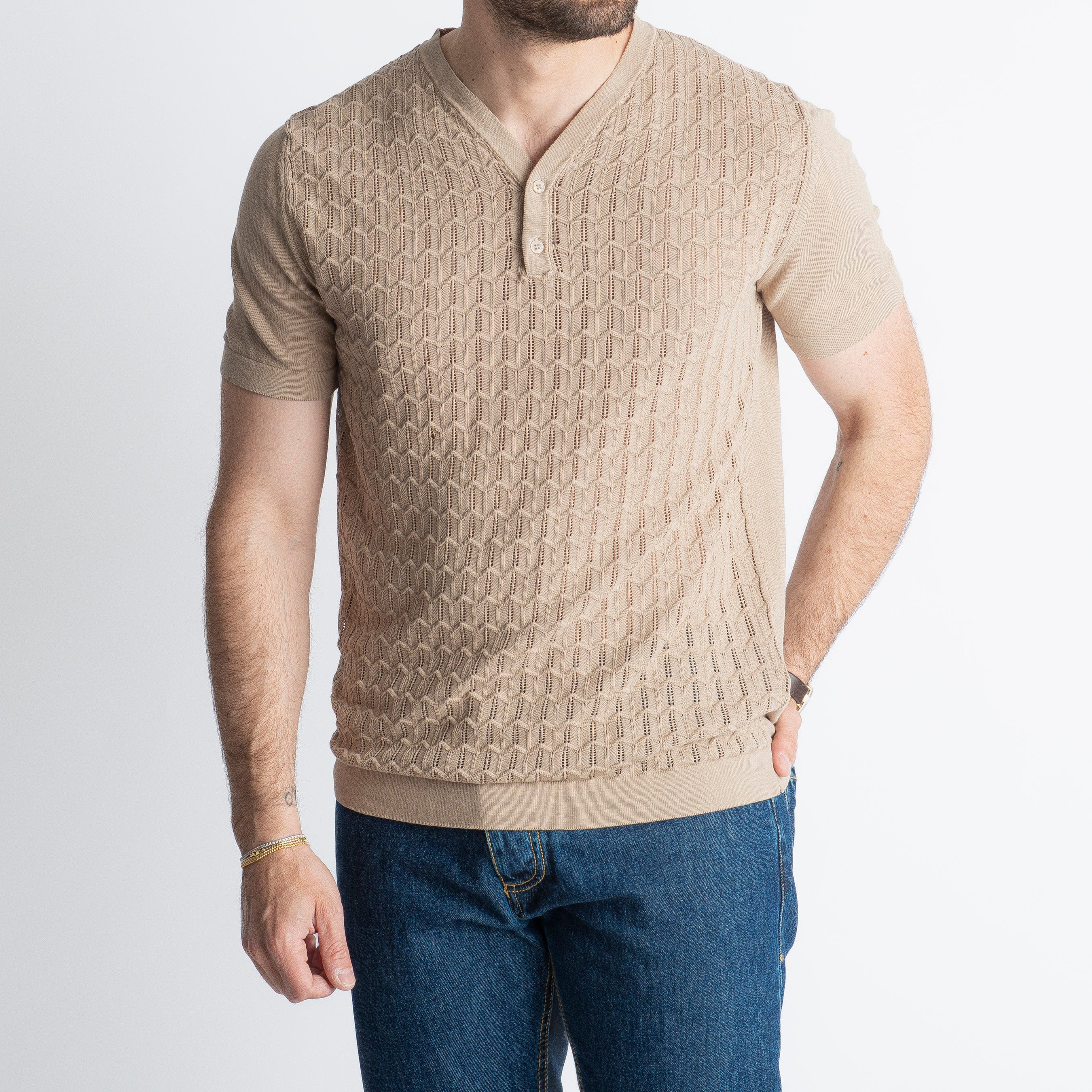 T-shirt Serafino in Crêpe di Cotone con motivo Sabbia