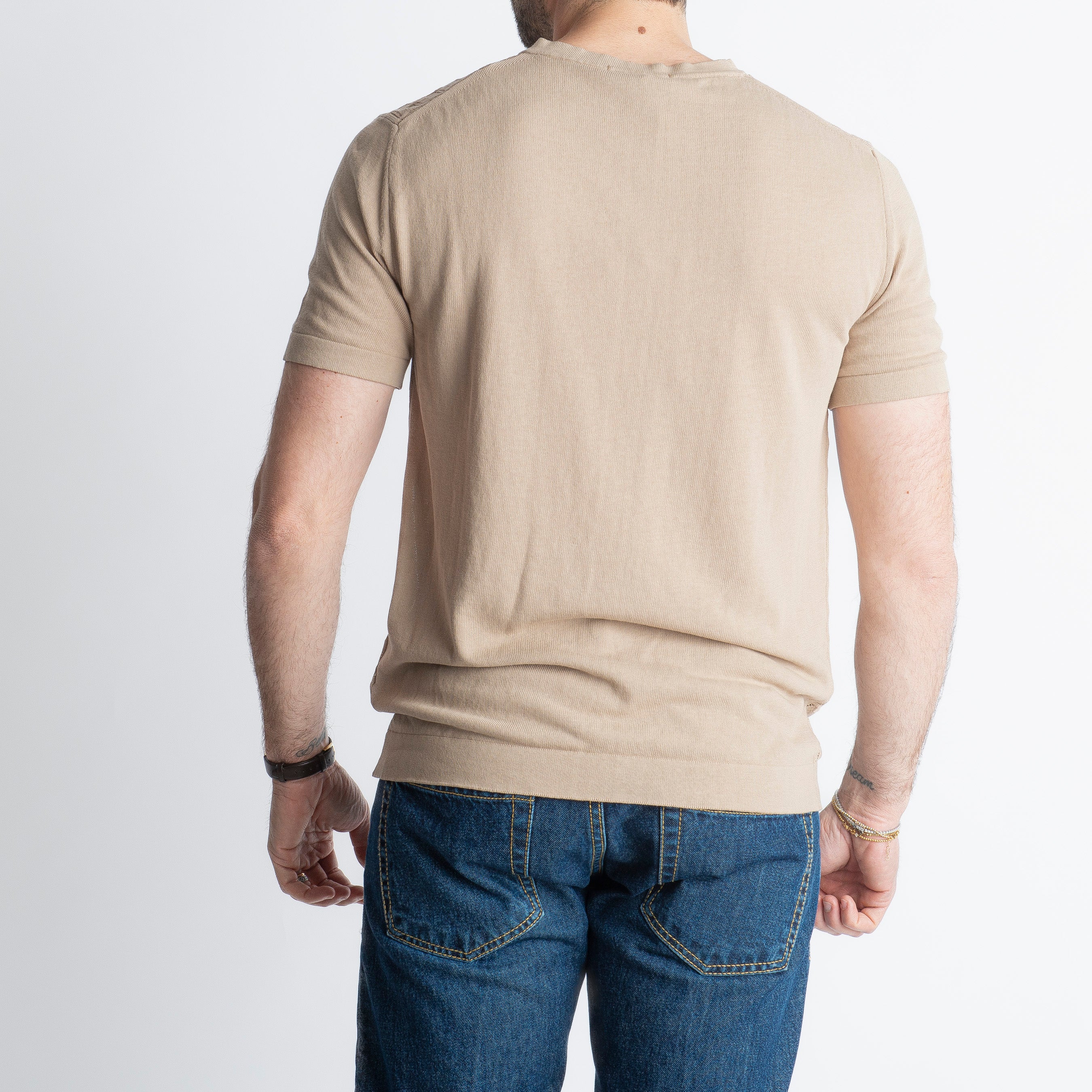 T-shirt Serafino in Crêpe di Cotone con motivo Sabbia