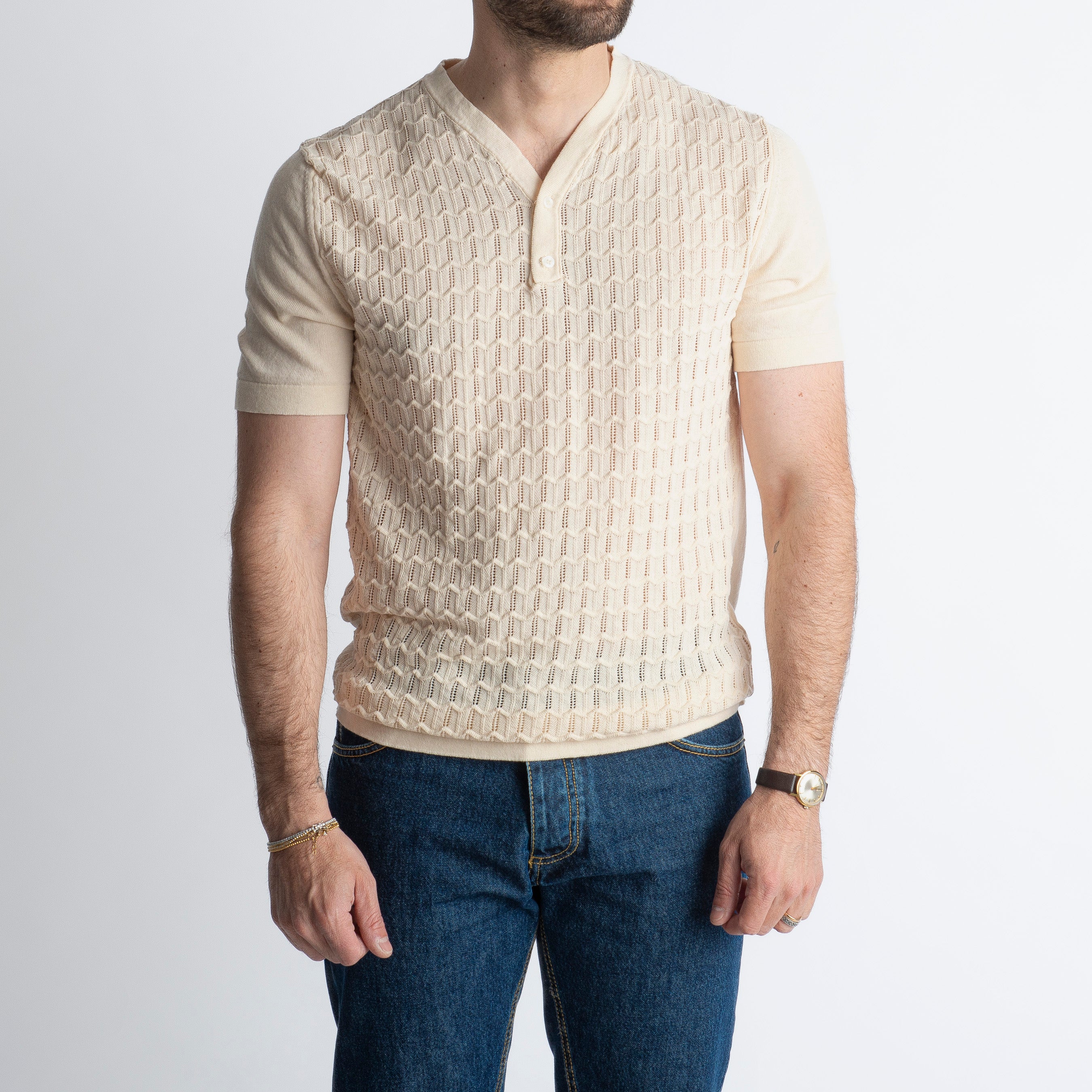 T-shirt Serafino in Crêpe di Cotone con motivo Panna