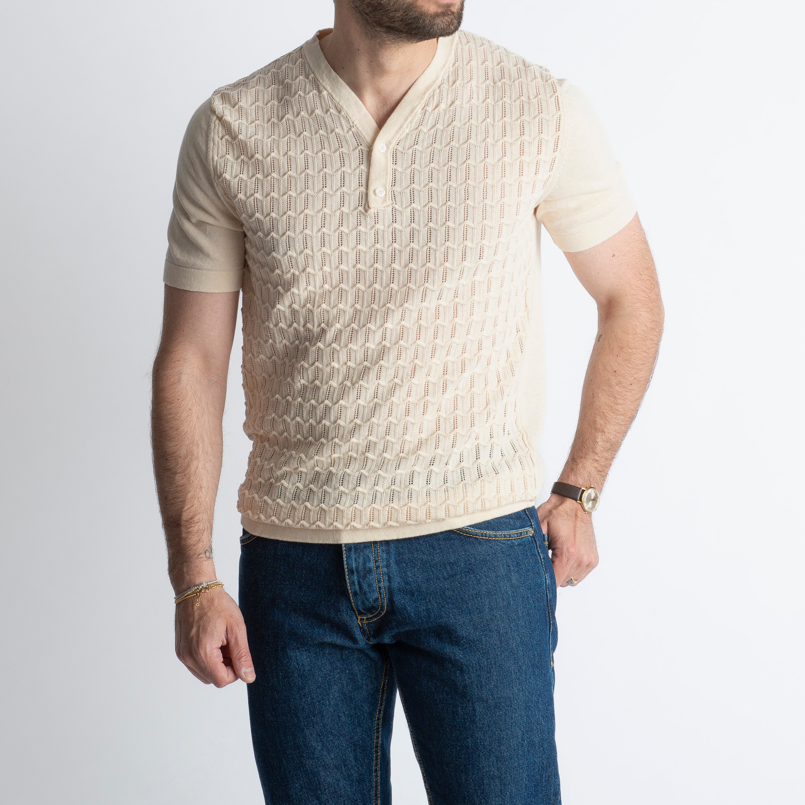T-shirt Serafino in Crêpe di Cotone con motivo Panna