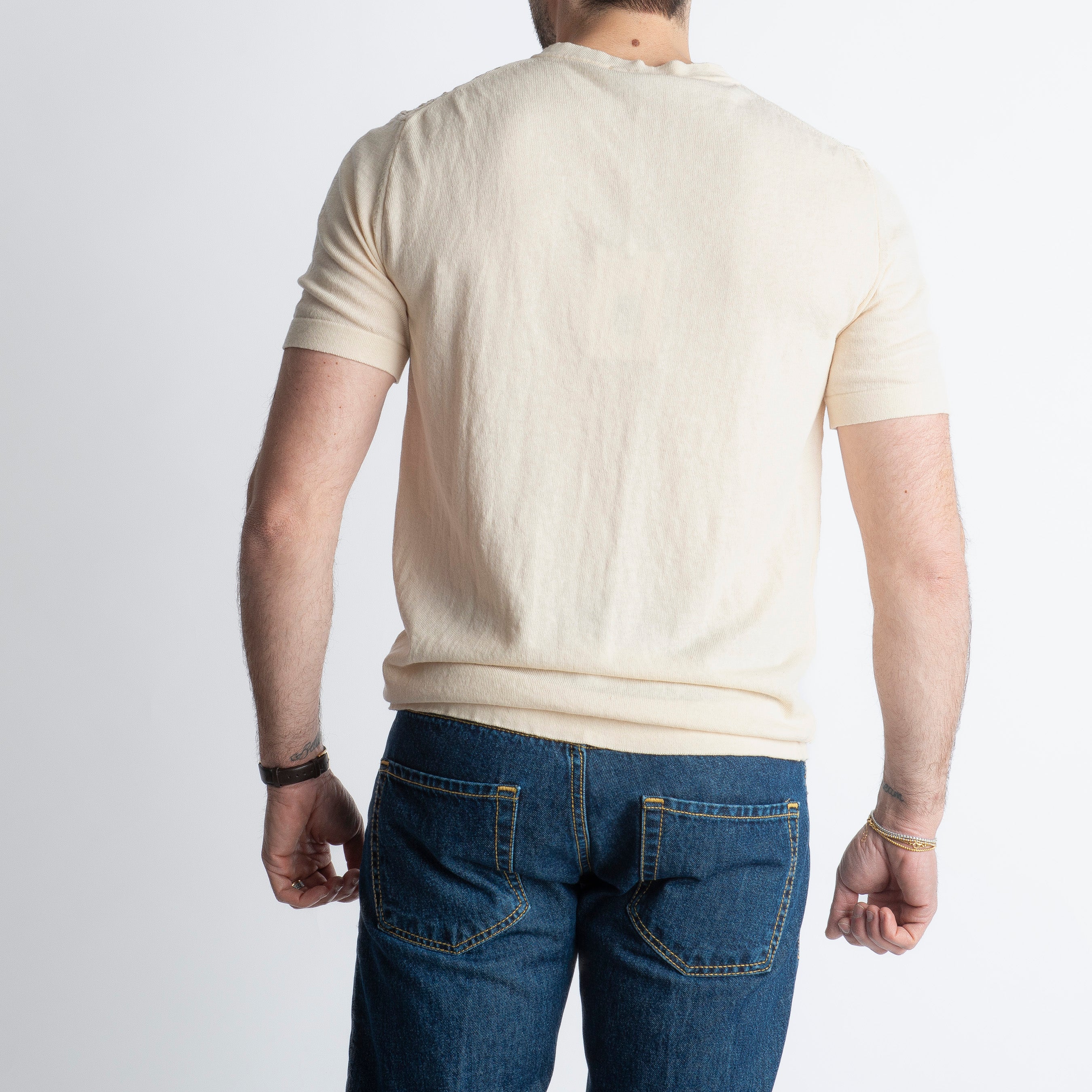 T-shirt Serafino in Crêpe di Cotone con motivo Panna