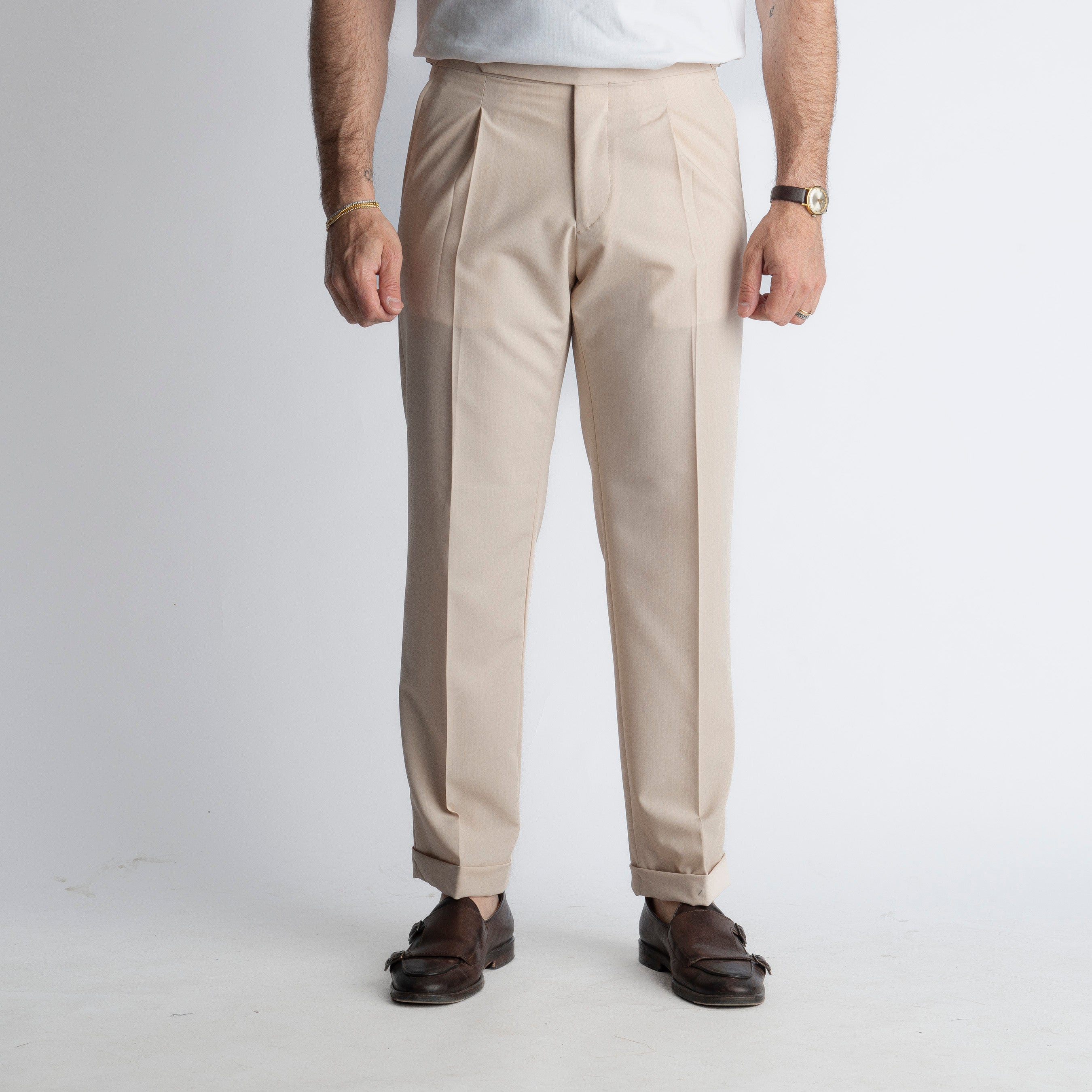 Pantalone Vita Alta con Fibbia TO8027 Beige