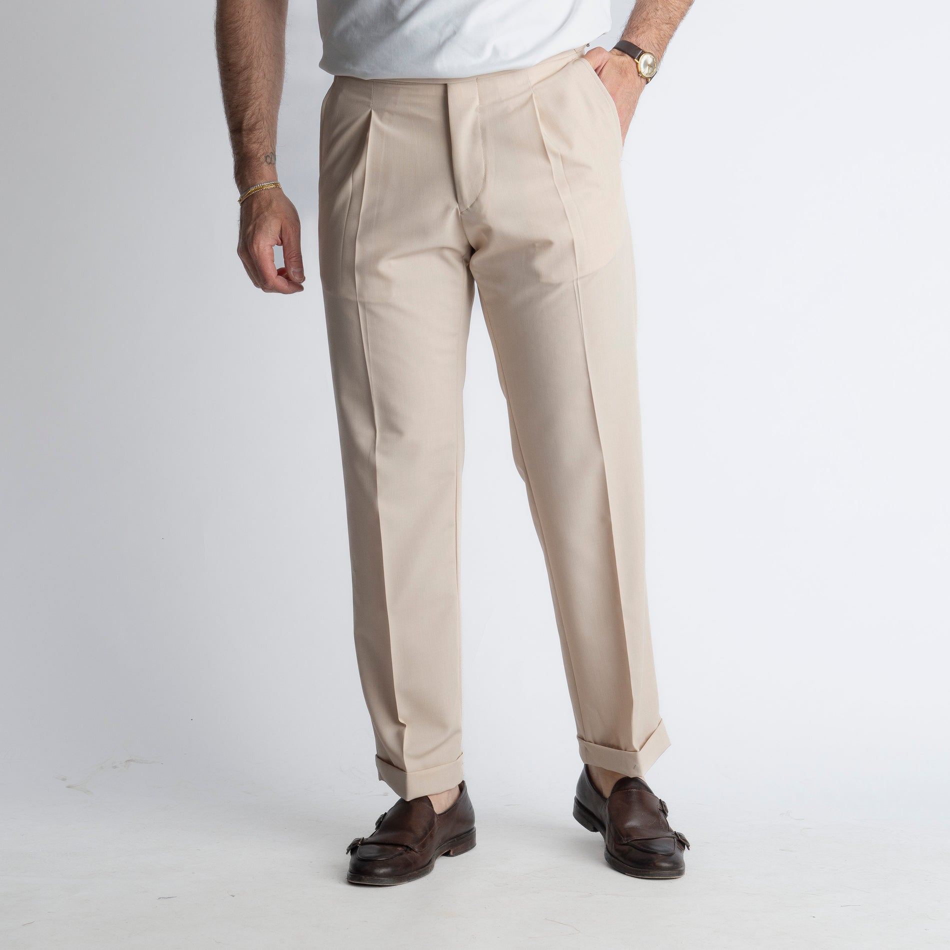 Pantalone Vita Alta con Fibbia TO8027 Beige