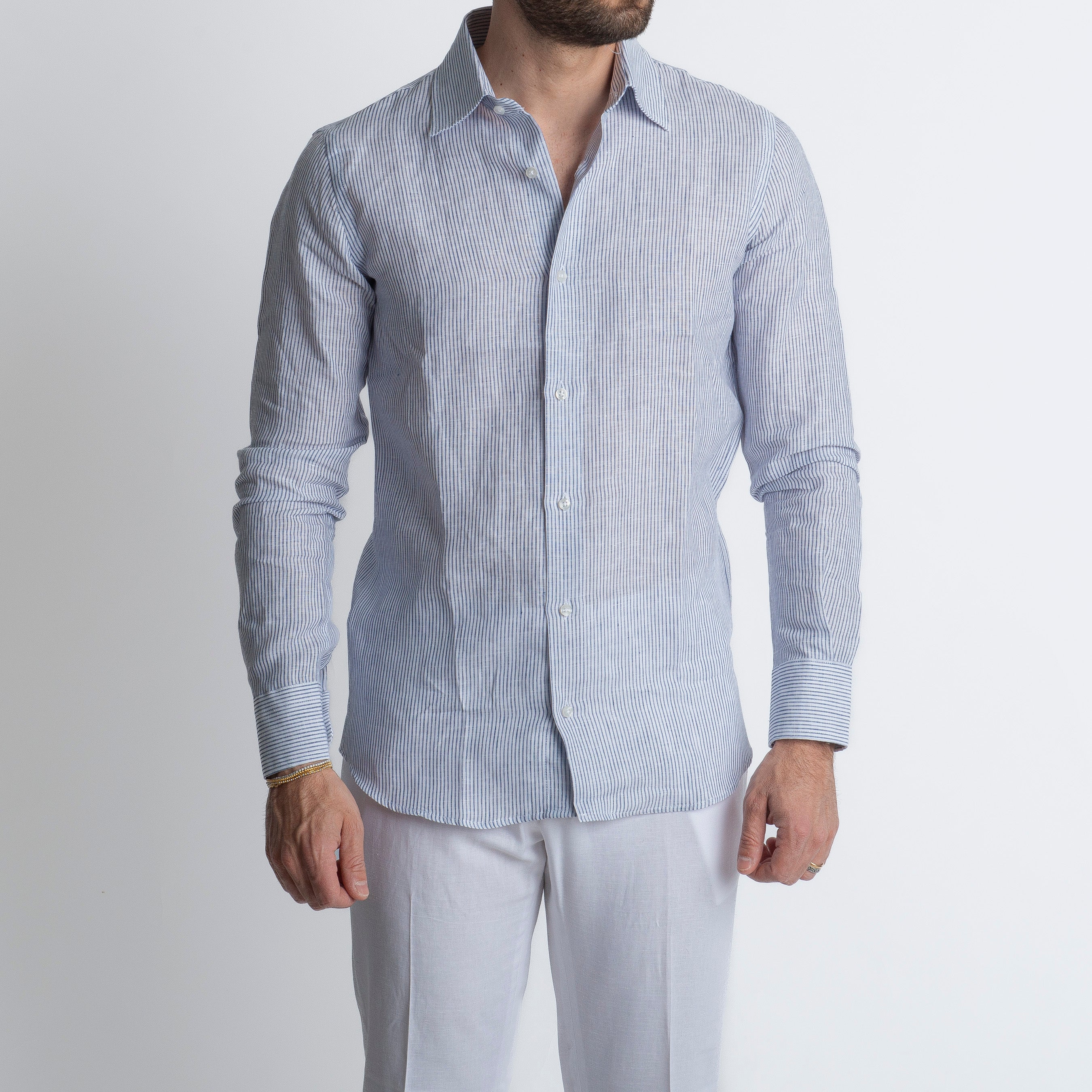 Camicia 100% Lino Irlandese Rigata Blu