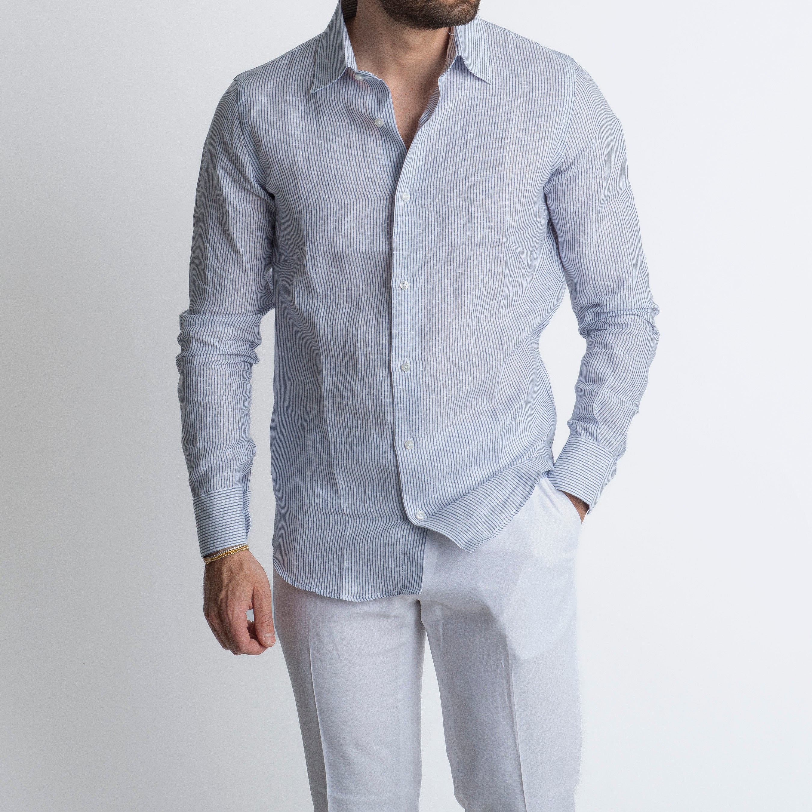 Camicia 100% Lino Irlandese Rigata Blu
