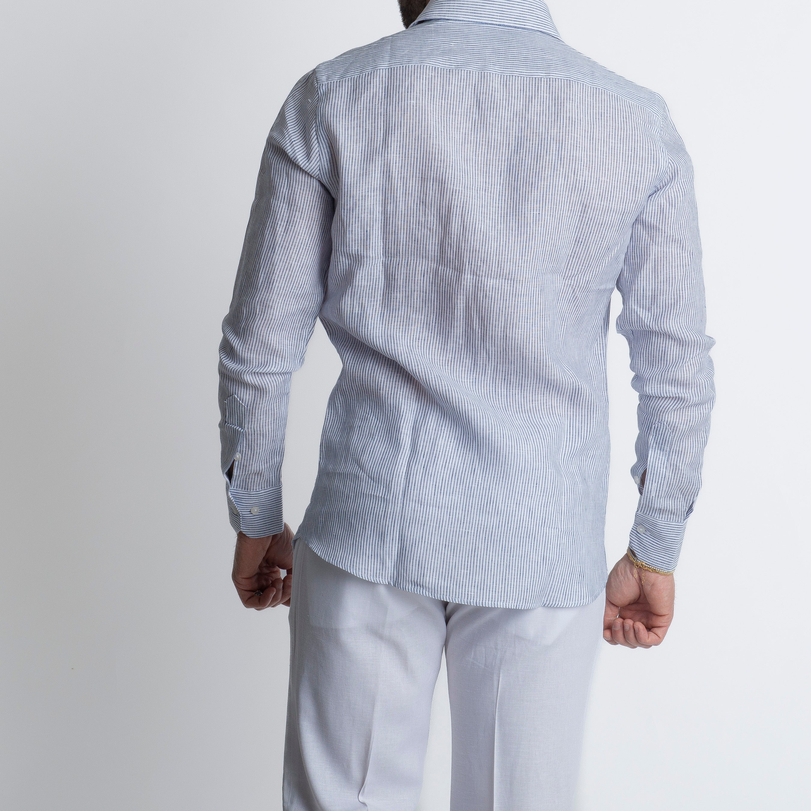 Camicia 100% Lino Irlandese Rigata Blu