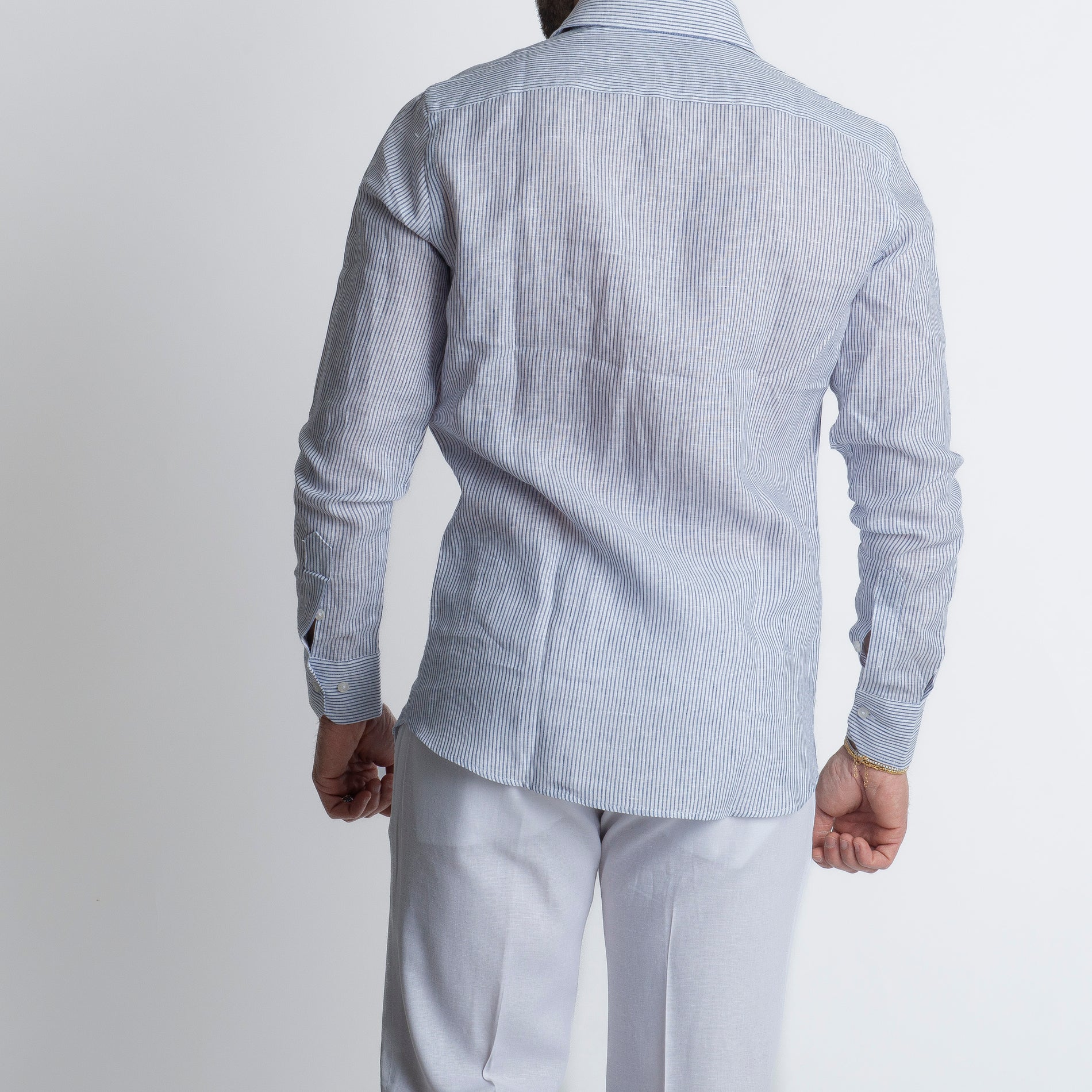 Camicia 100% Lino Irlandese Rigata Blu