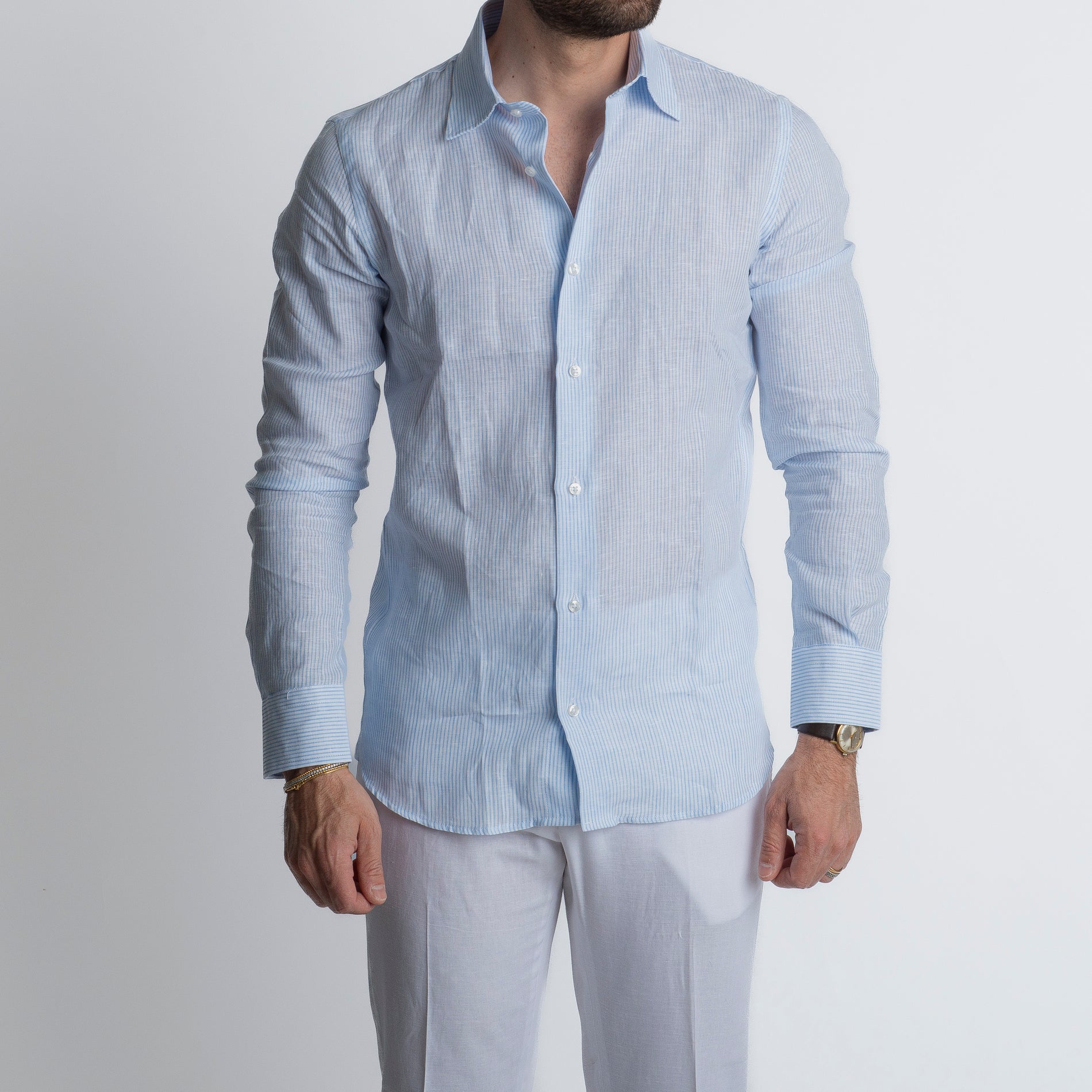 Camicia 100% Lino Irlandese Rigata Celeste