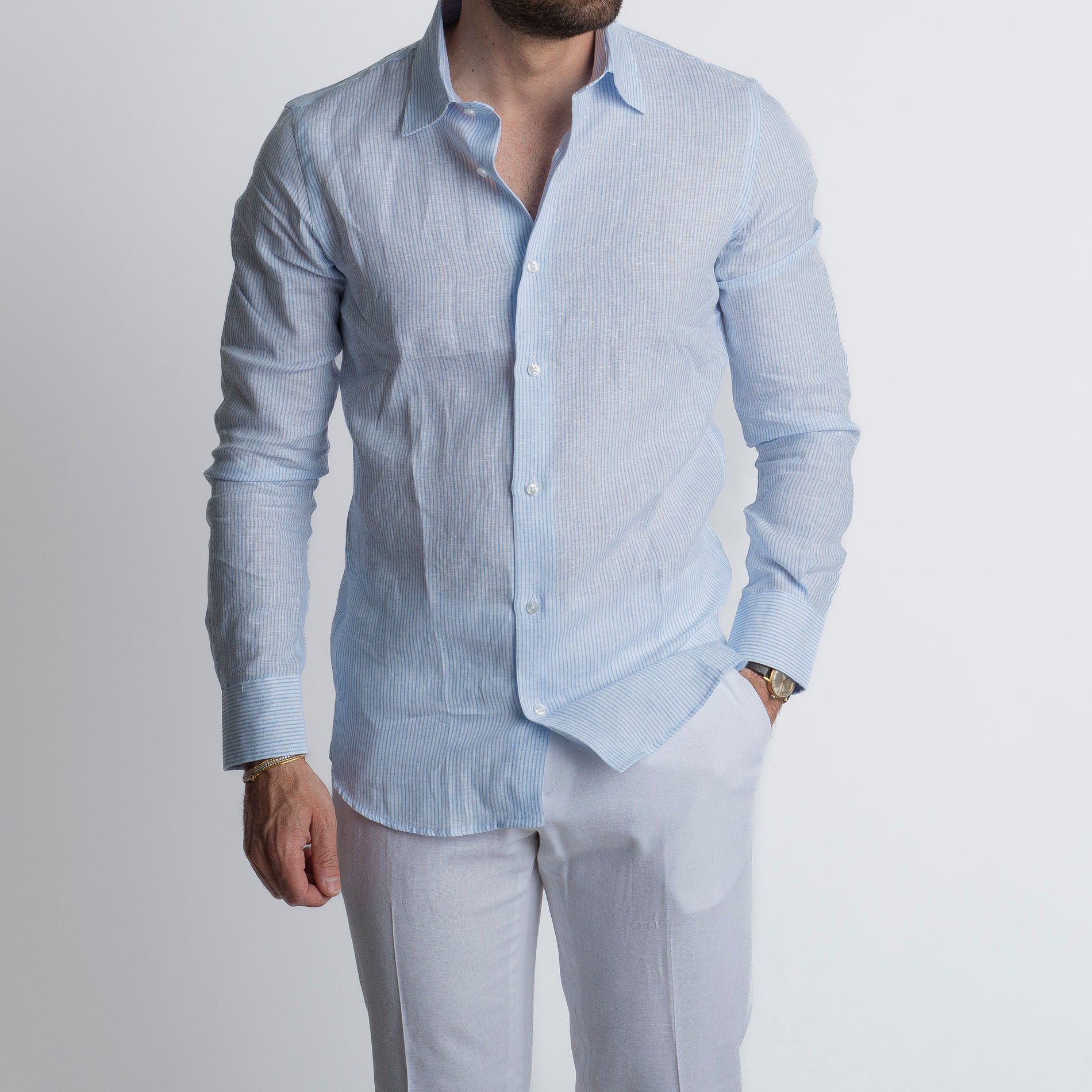 Camicia 100% Lino Irlandese Rigata Celeste