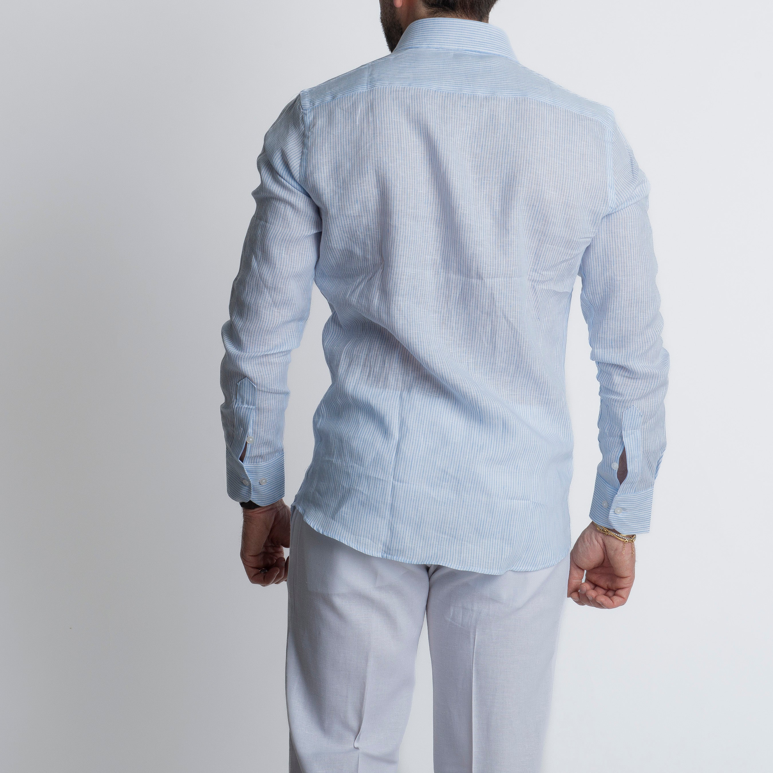 Camicia 100% Lino Irlandese Rigata Celeste