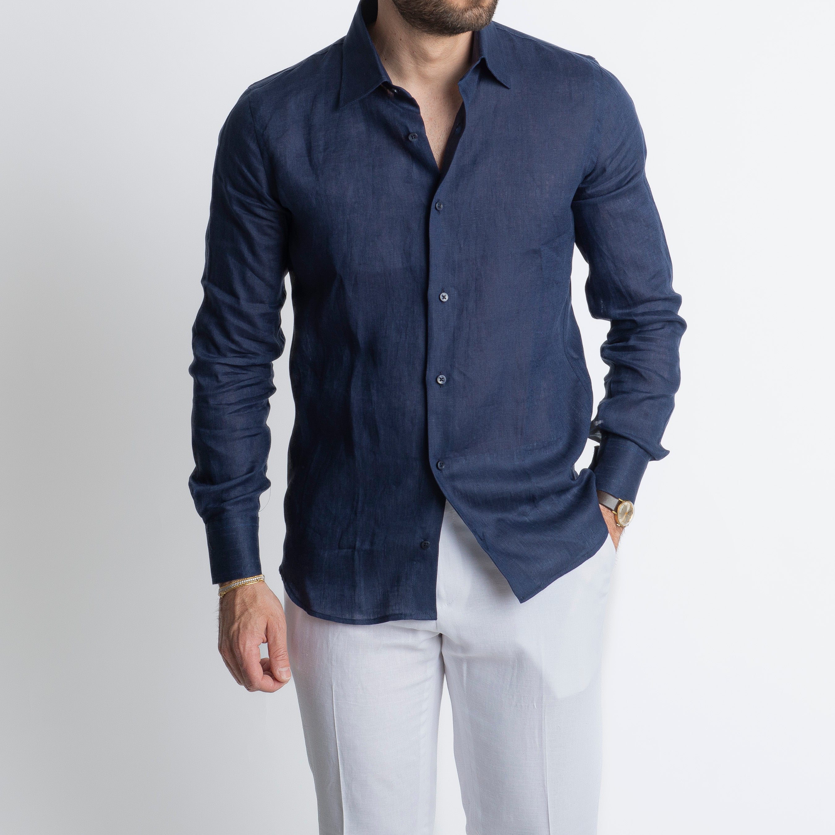 Camicia 100% Lino Irlandese Blu Notte