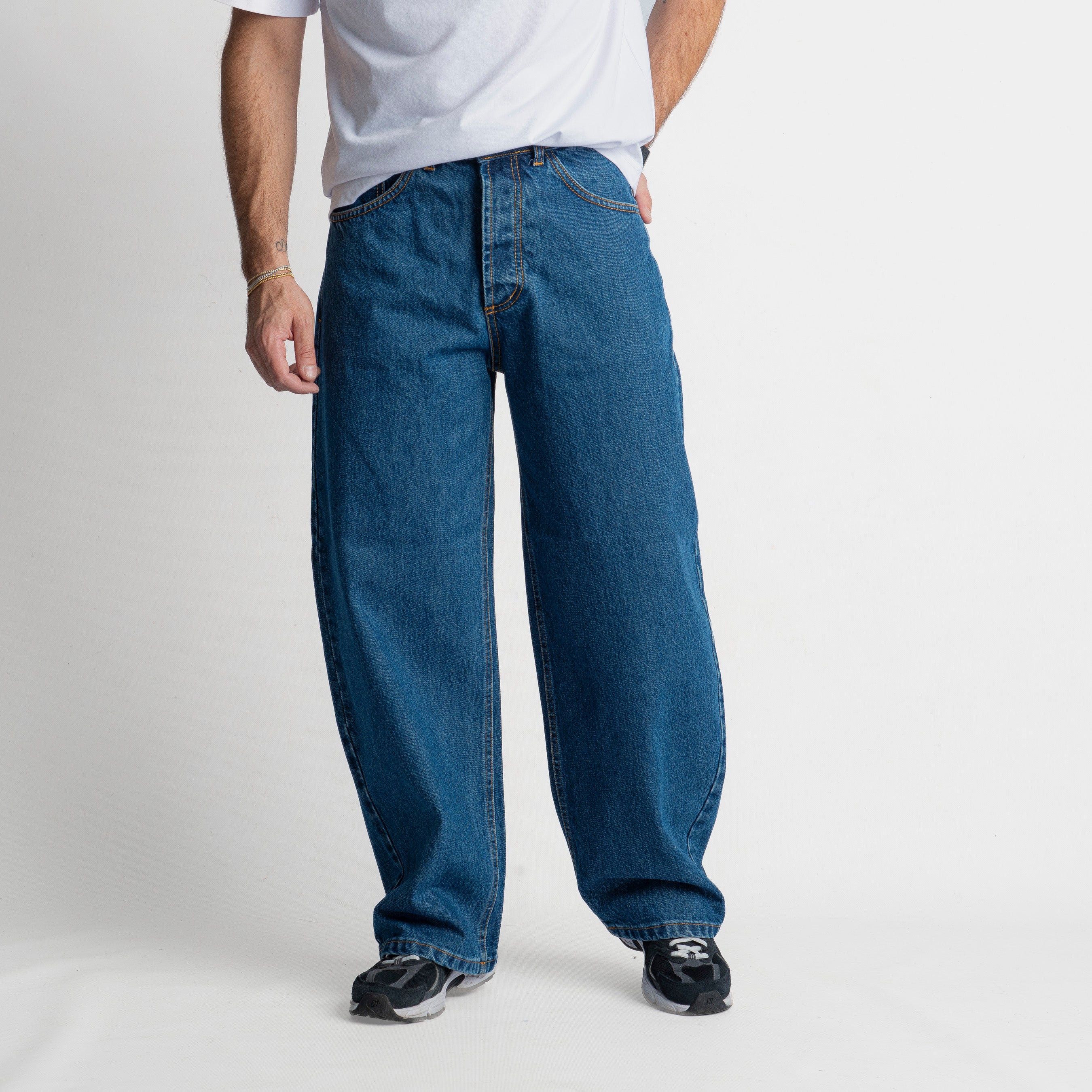 Jeans Barrel Fit - Cotone Mercerizzato Blu Medio