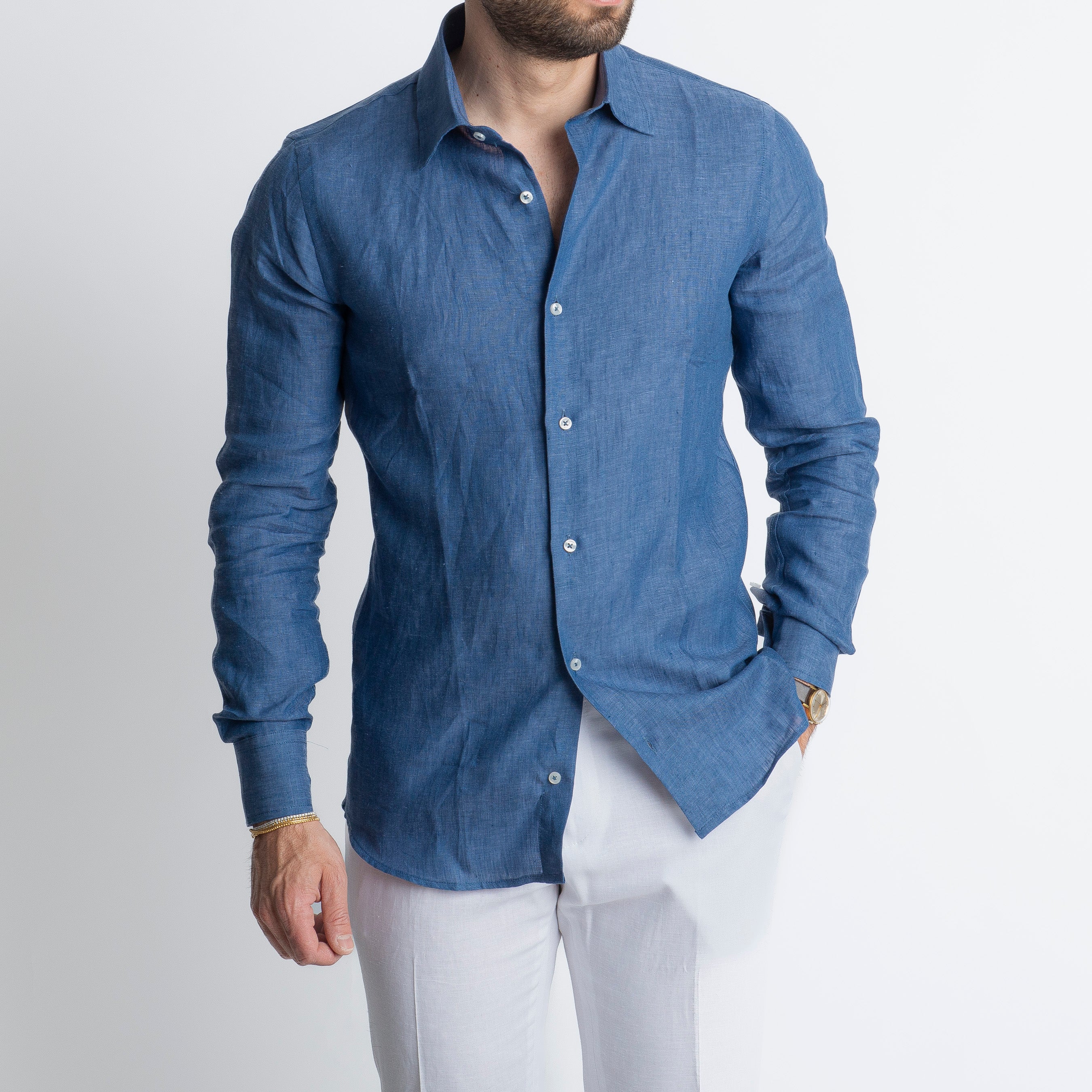 Camicia 100% Lino Irlandese Blu Denim