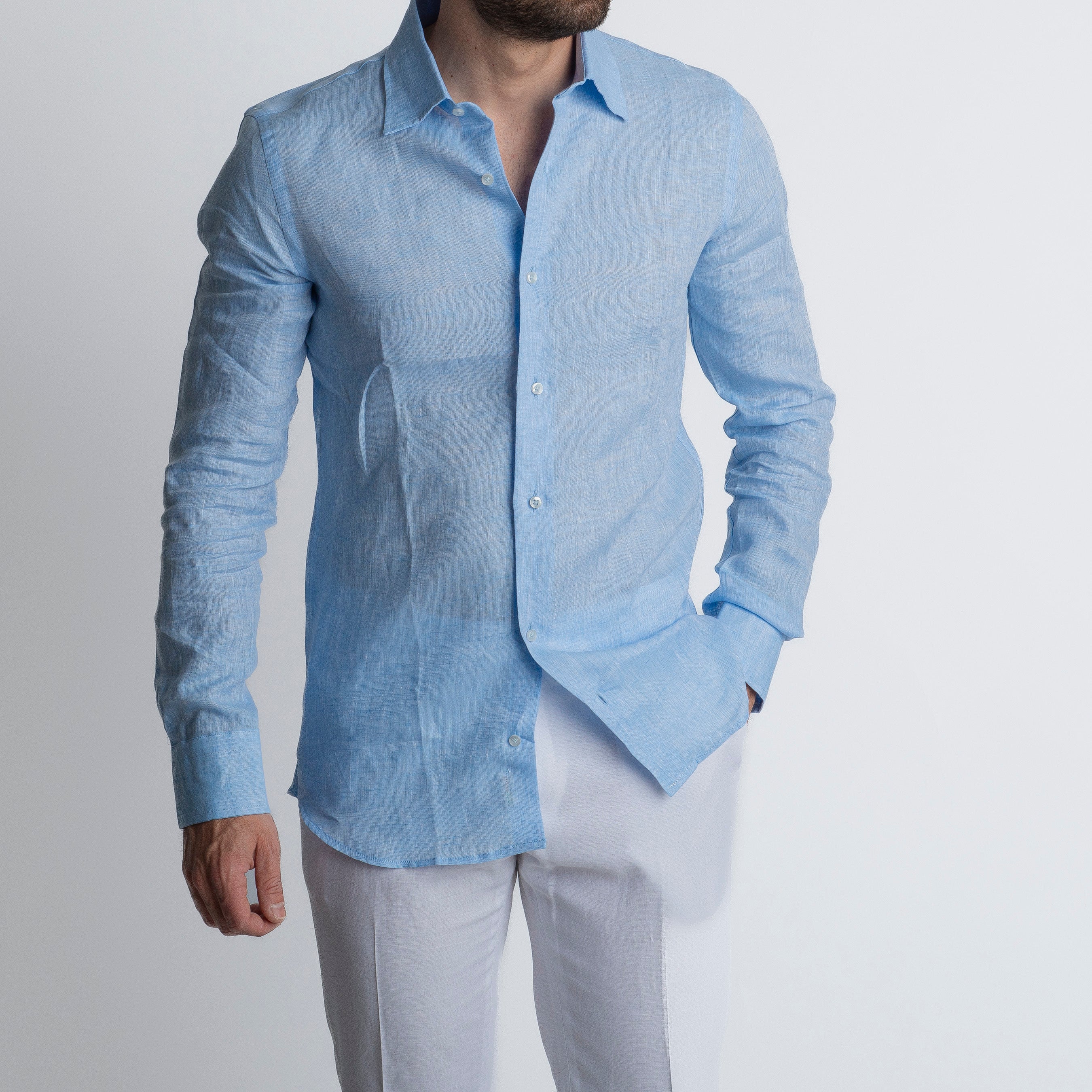 Camicia 100% Lino Irlandese Celeste