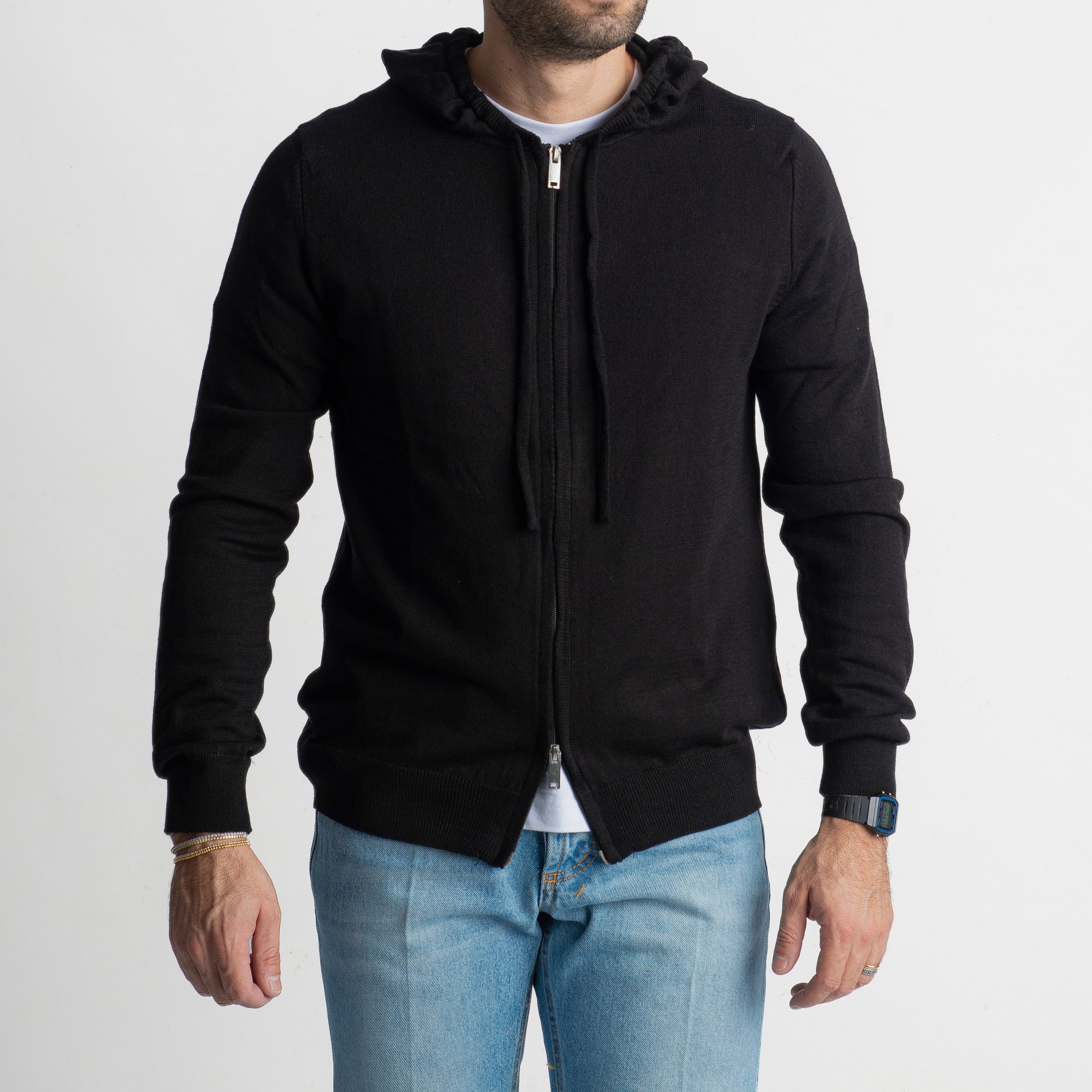 Maglioncino in Lana Full Zip con Cappuccio Nero