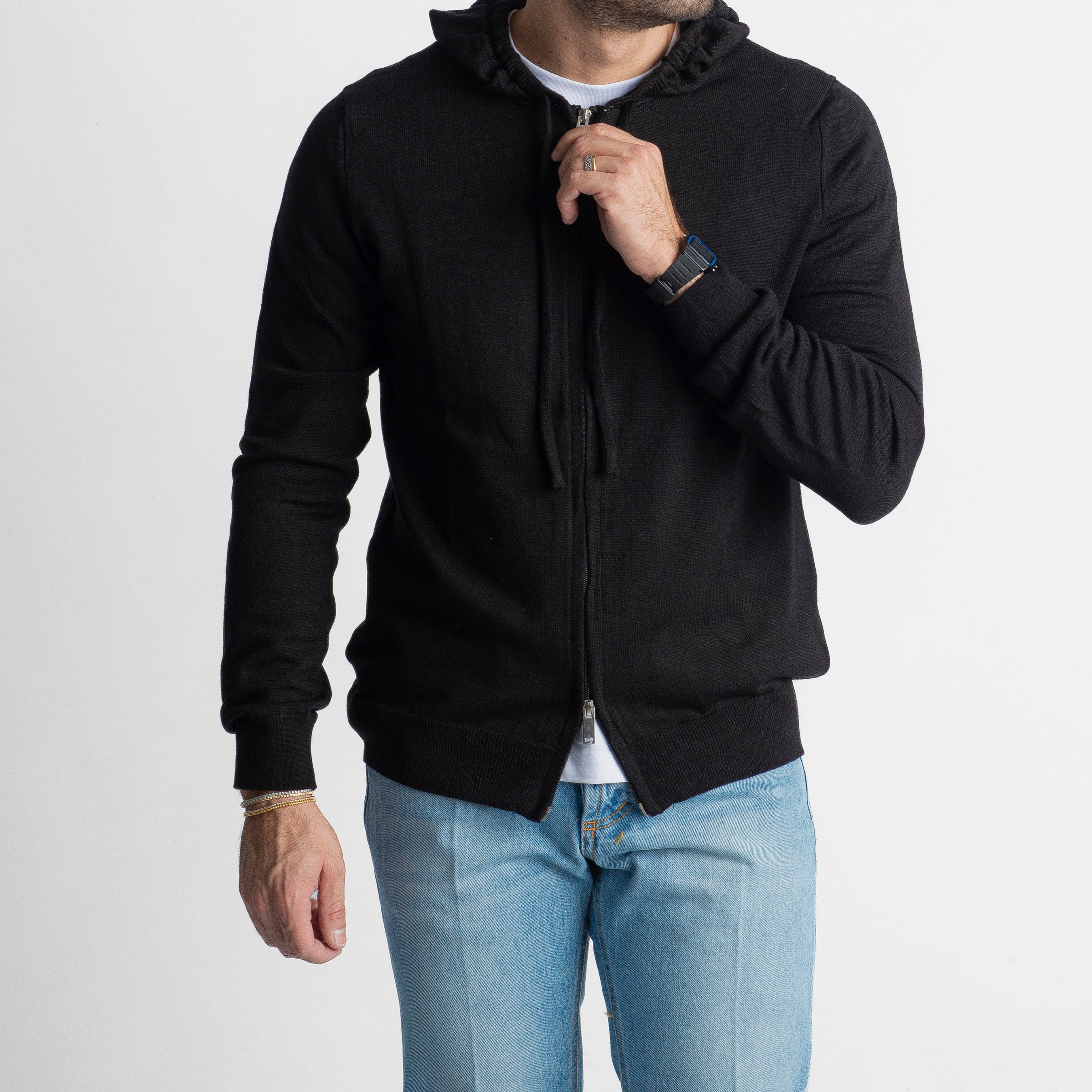 Maglioncino in Lana Full Zip con Cappuccio Nero