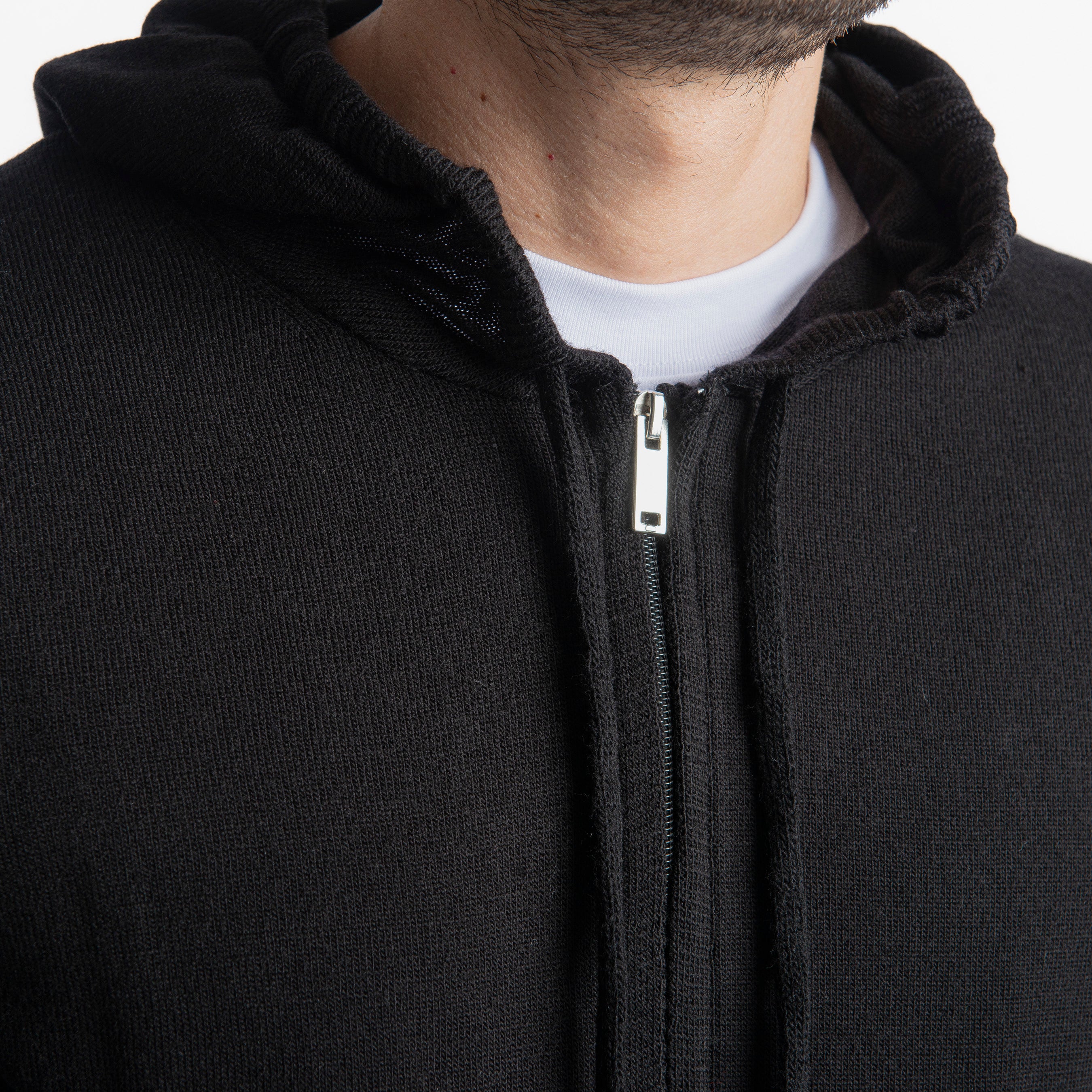 Maglioncino in Lana Full Zip con Cappuccio Nero