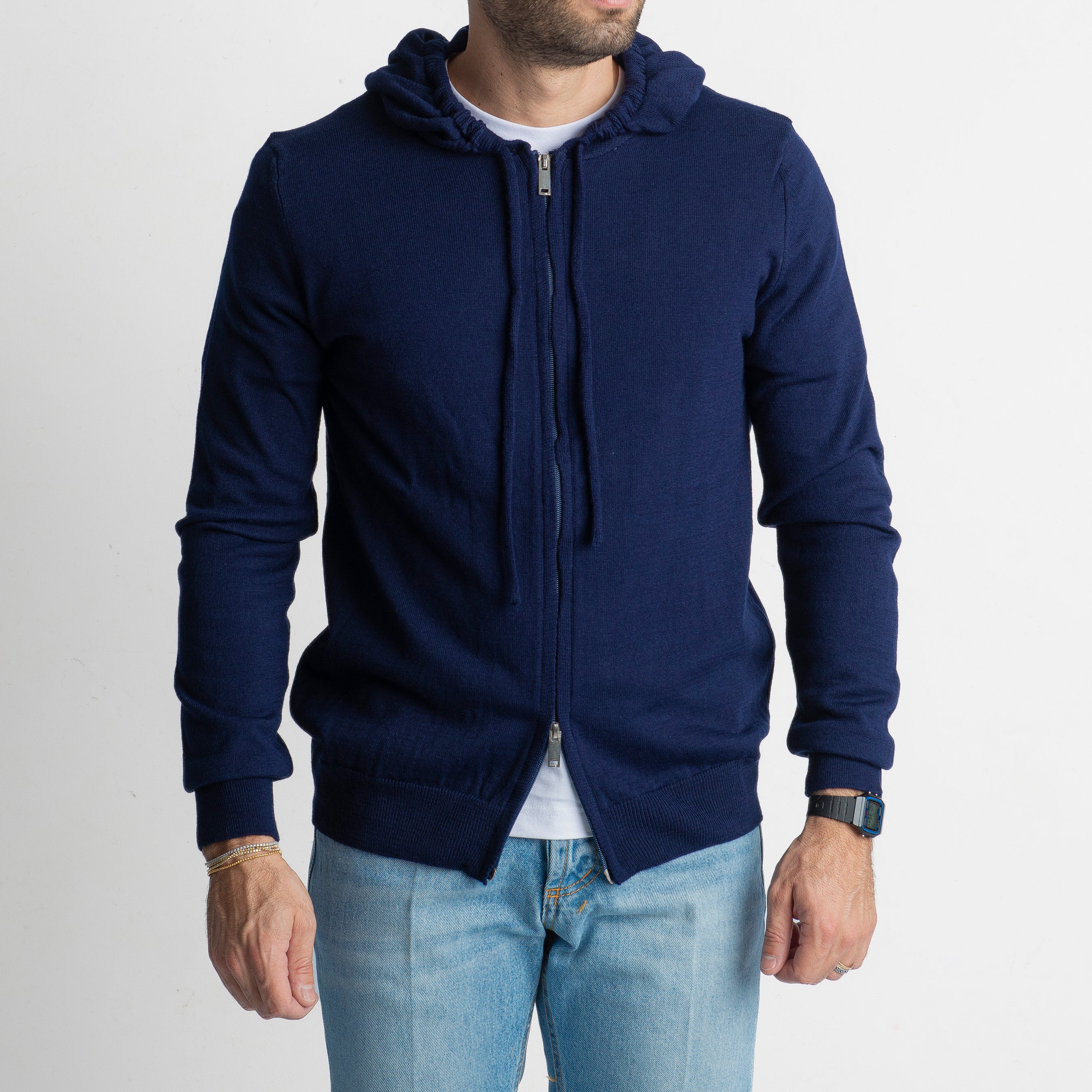 Maglioncino in Lana Full Zip con Cappuccio Blu