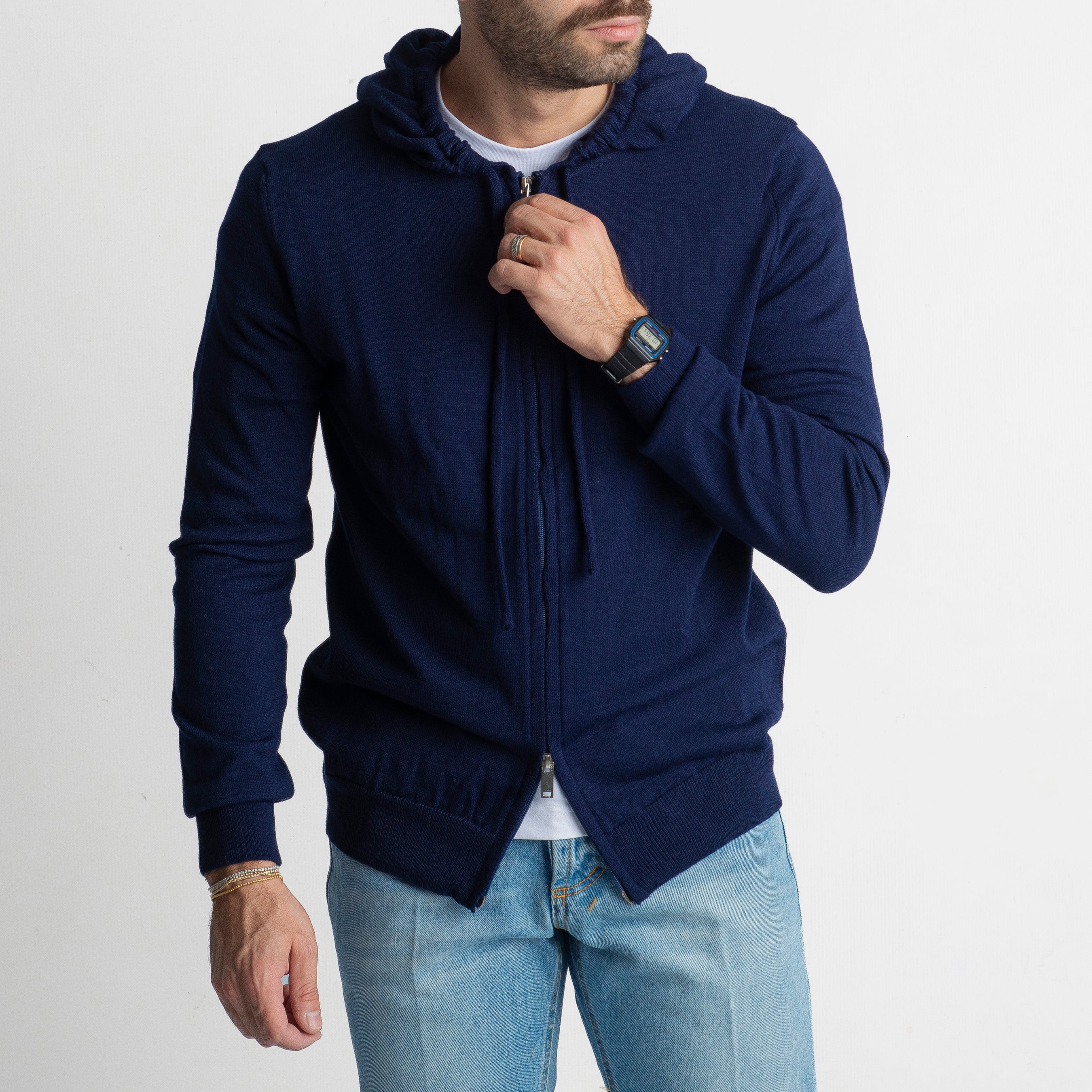 Maglioncino in Lana Full Zip con Cappuccio Blu