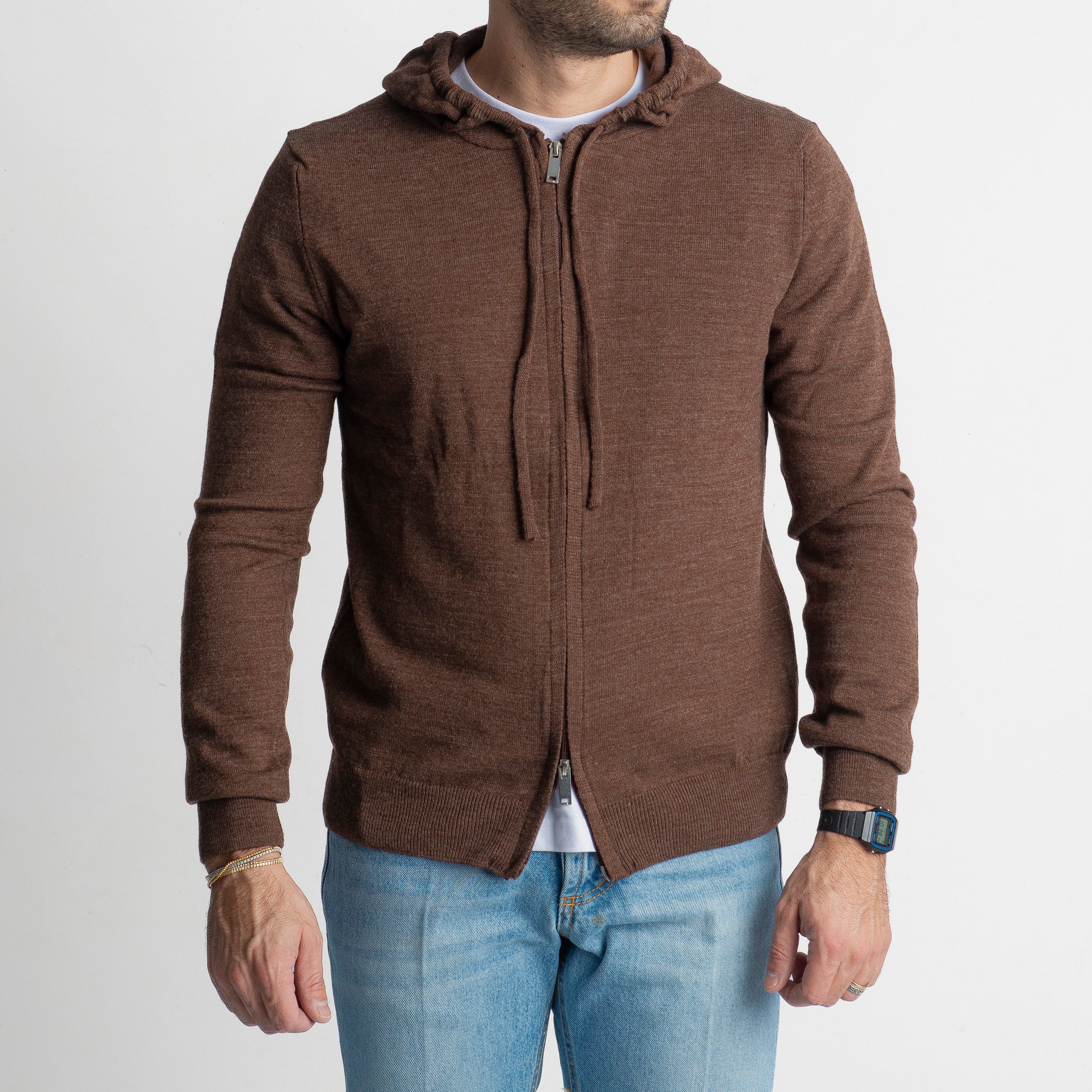 Maglioncino in Lana Full Zip con Cappuccio Testa di Moro