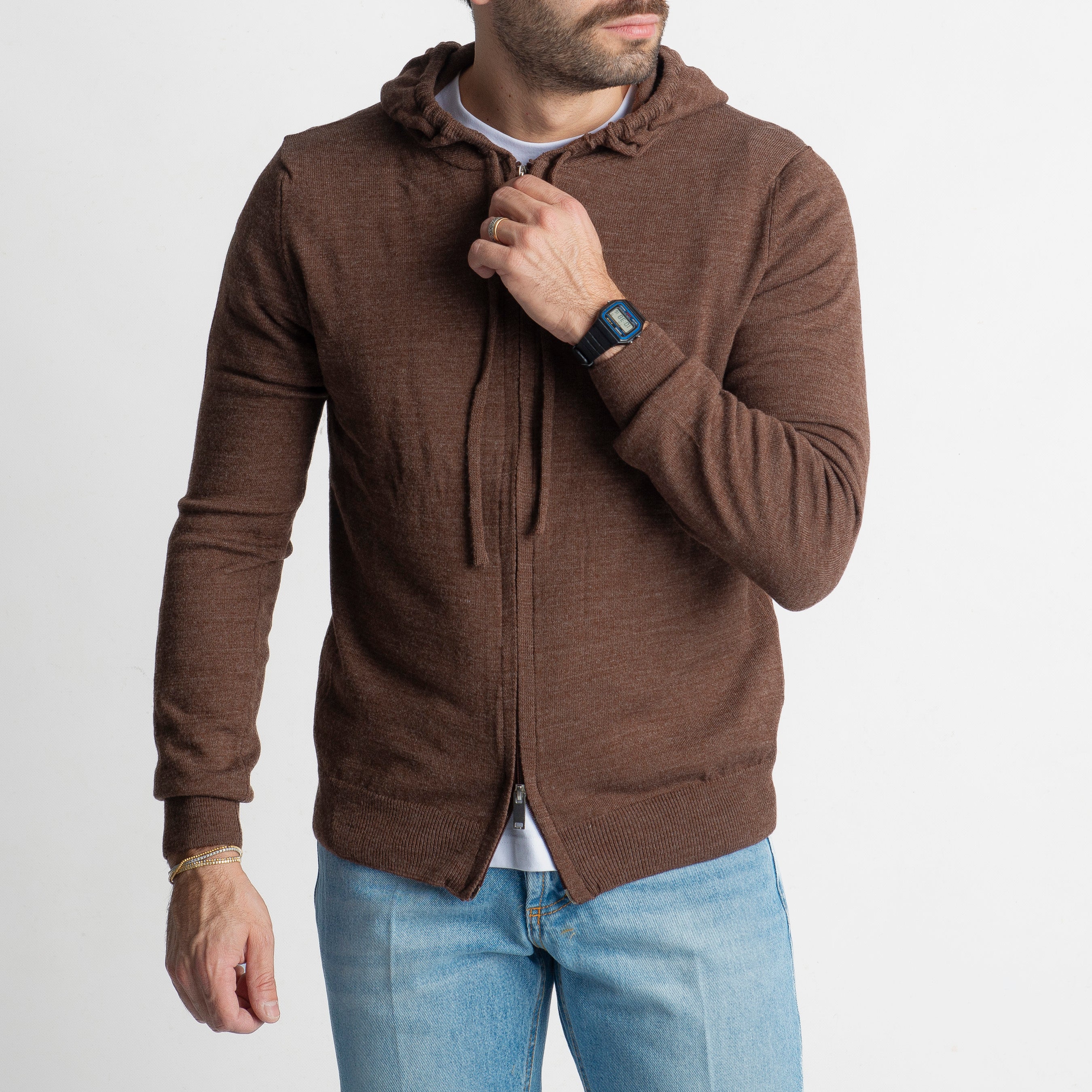 Maglioncino in Lana Full Zip con Cappuccio Testa di Moro