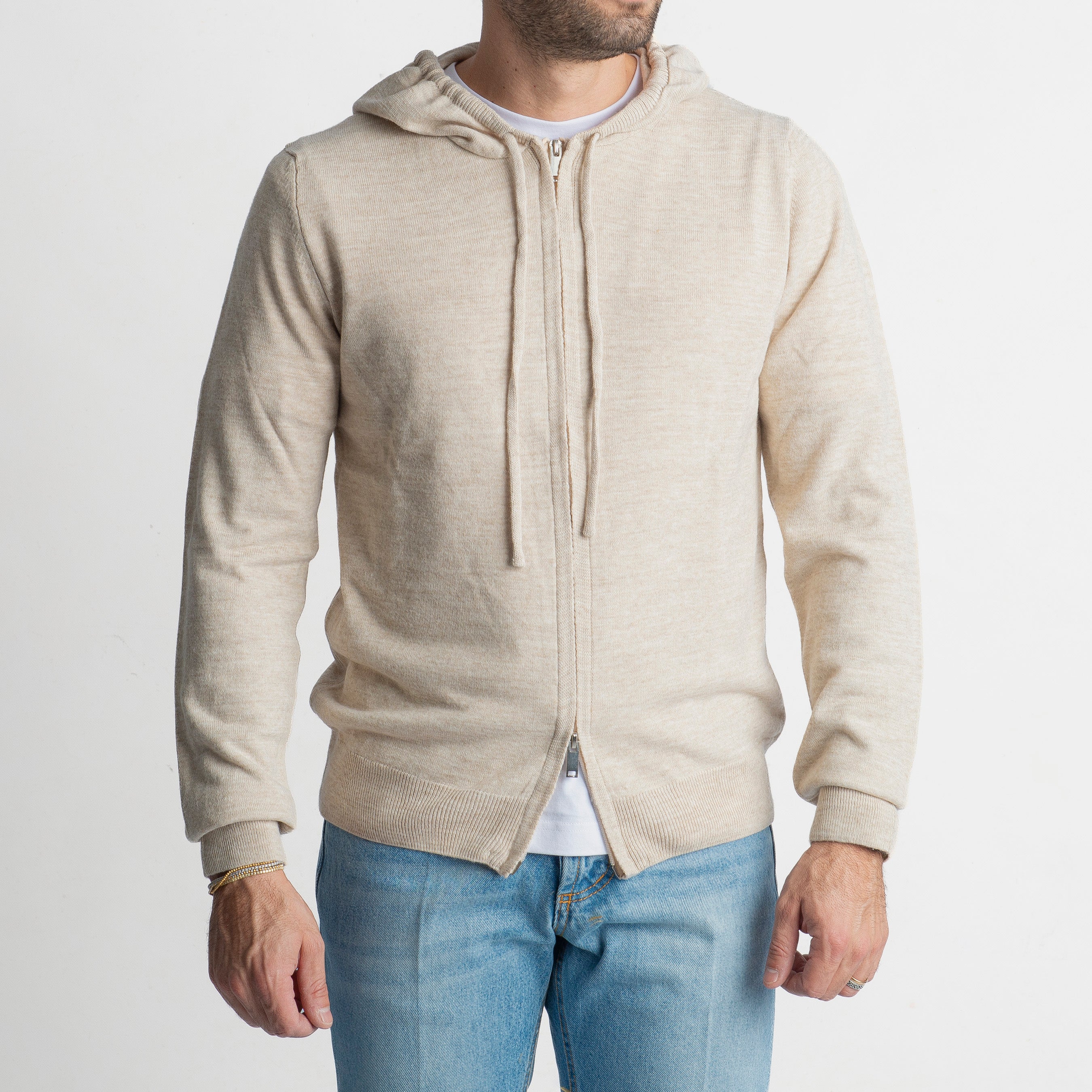 Maglioncino in Lana Full Zip con Cappuccio Beige