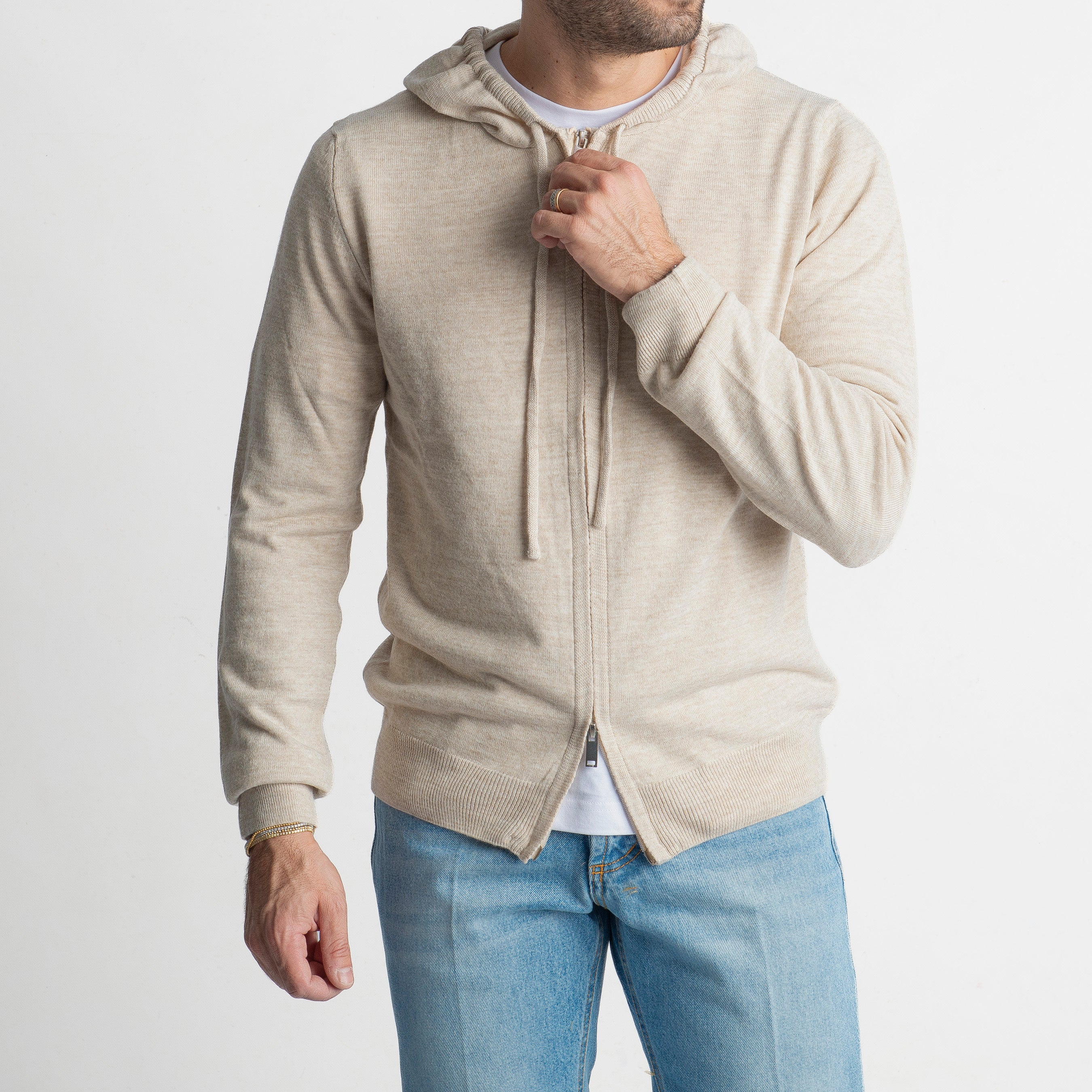 Maglioncino in Lana Full Zip con Cappuccio Beige