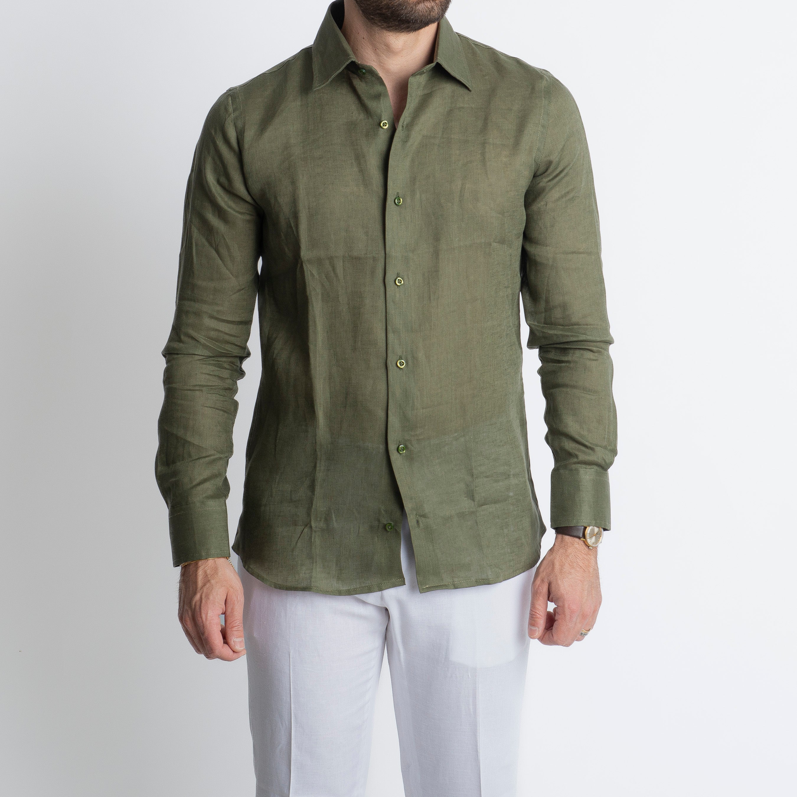 Camicia 100% Lino Irlandese Verde Militare