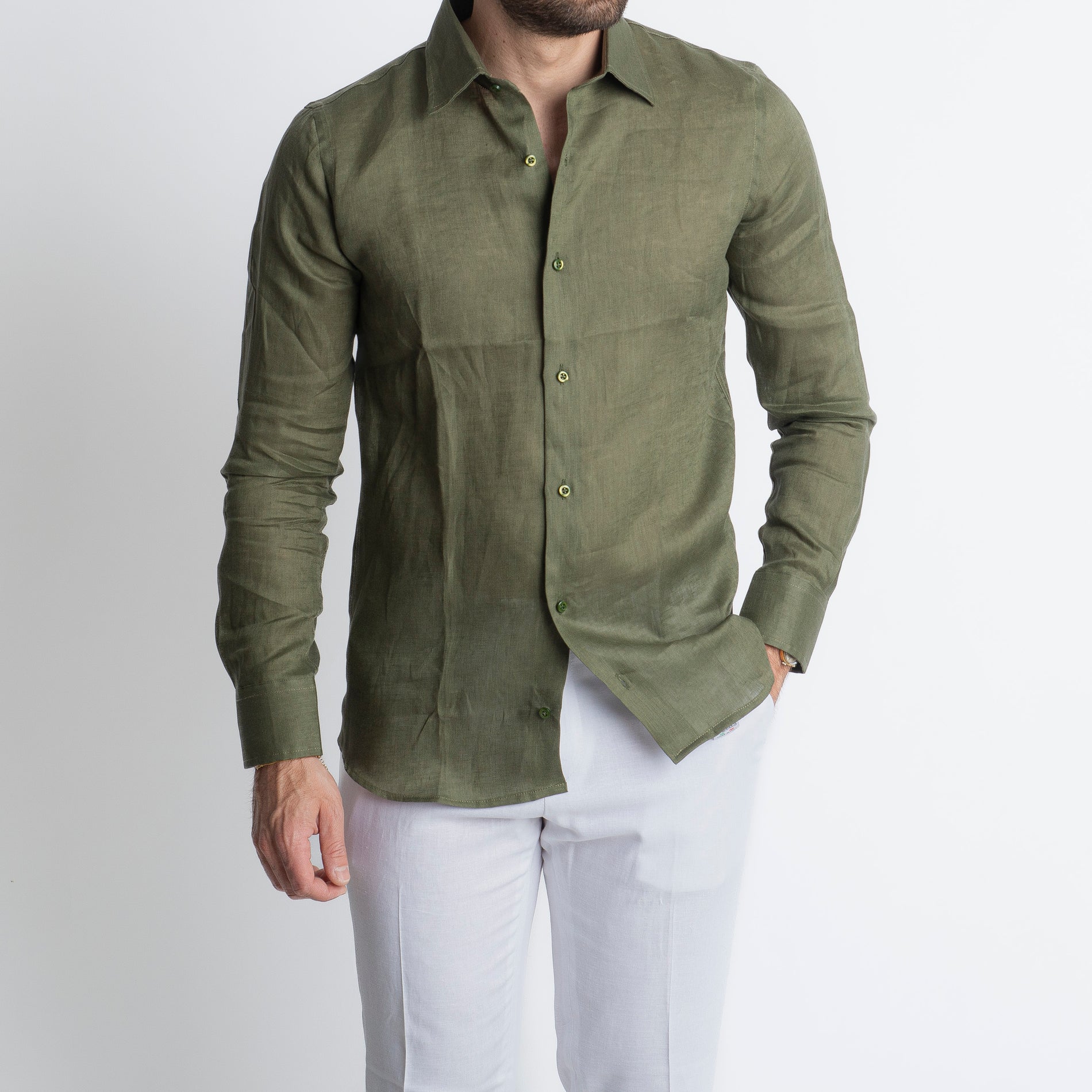 Camicia 100% Lino Irlandese Verde Militare