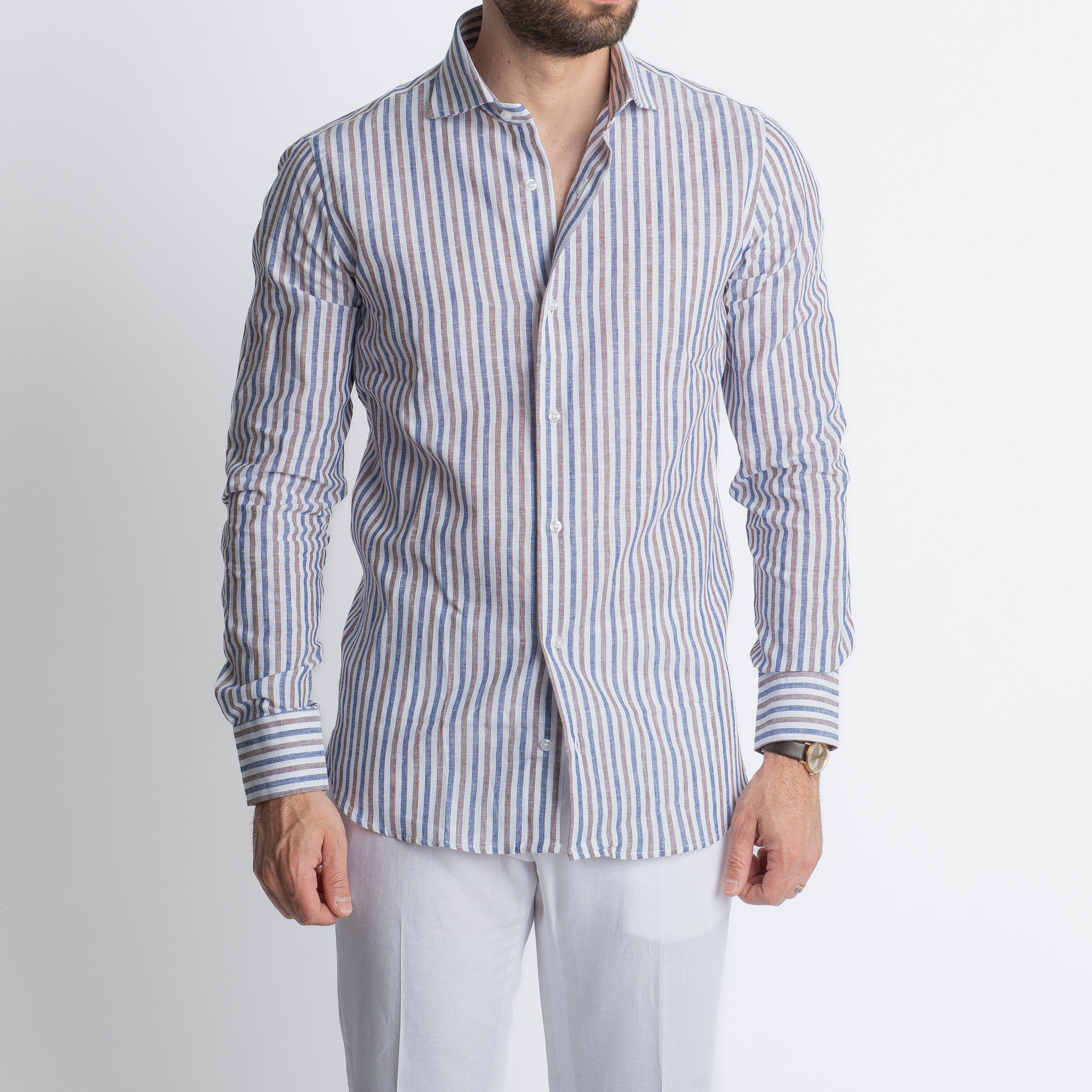 Camicia in Lino Rigata Blu/Marrone