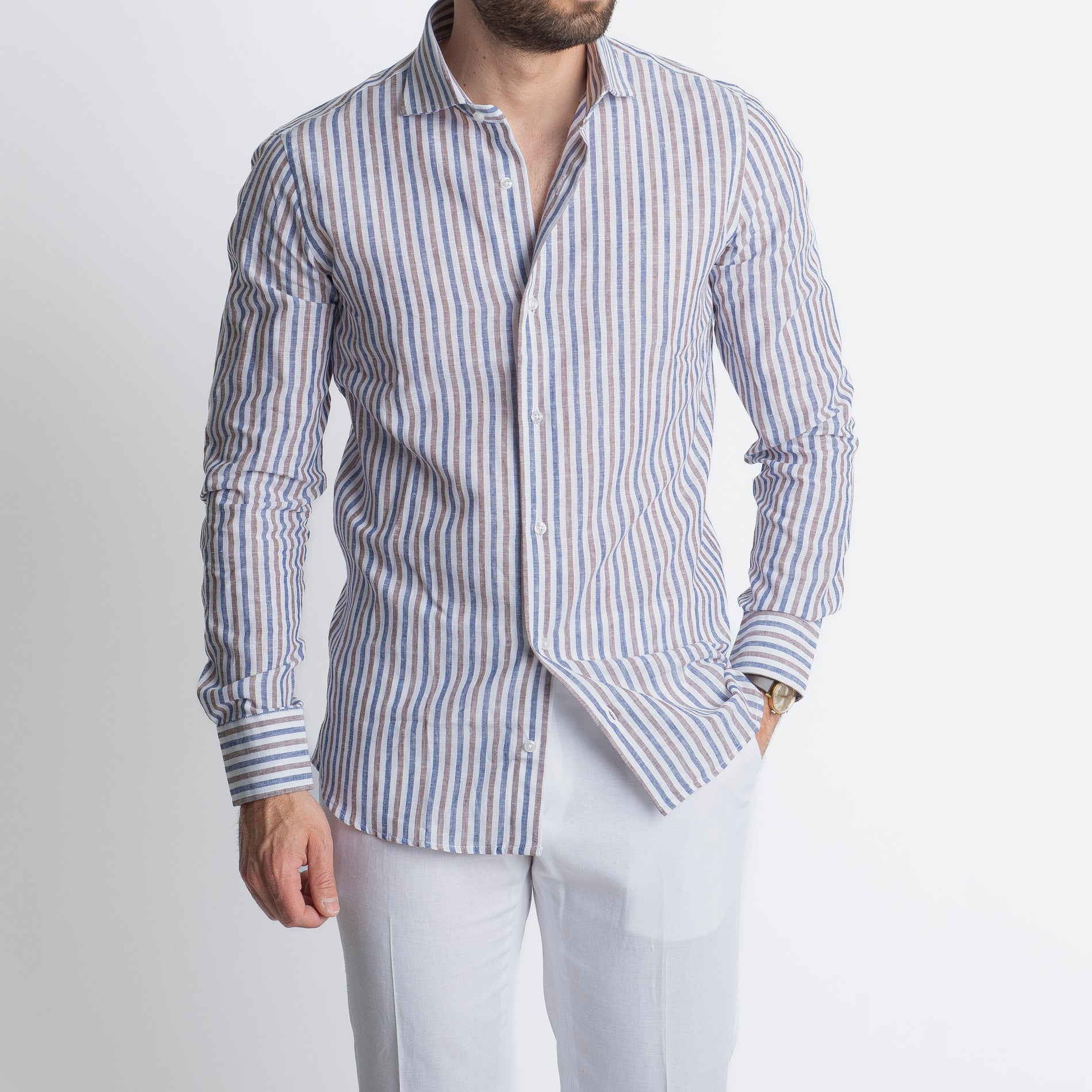 Camicia in Lino Rigata Blu/Marrone