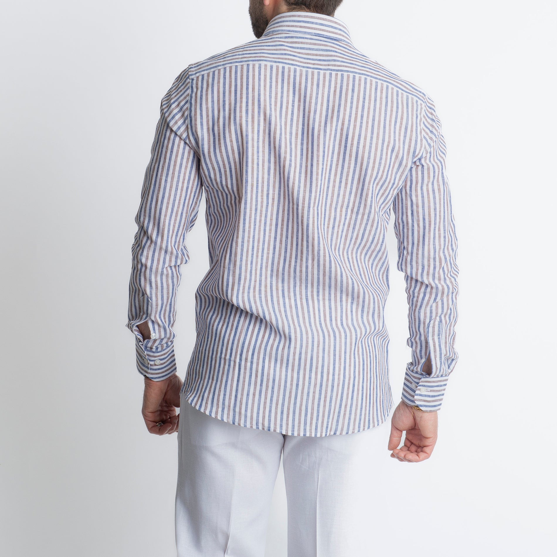 Camicia in Lino Rigata Blu/Marrone