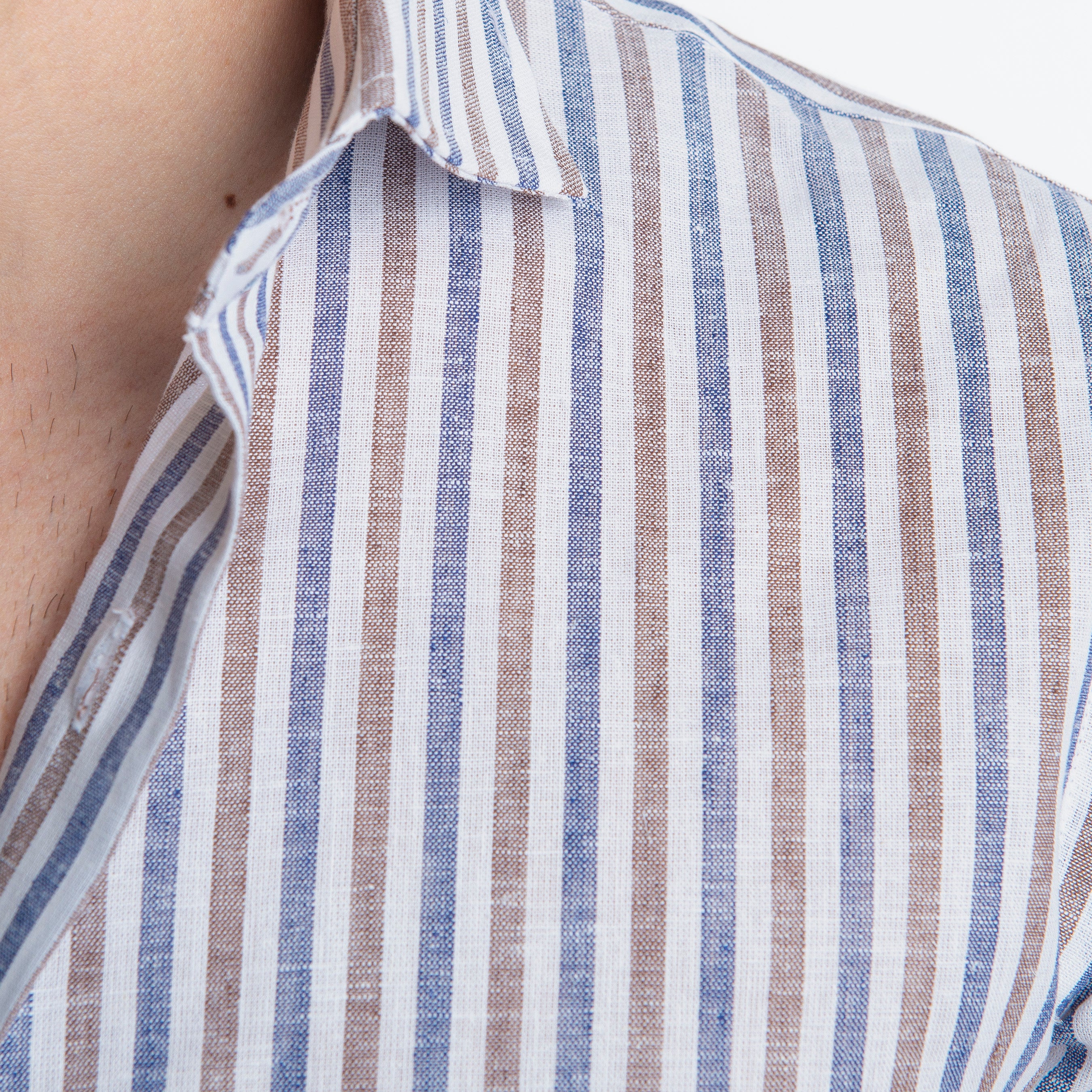 Camicia in Lino Rigata Blu/Marrone