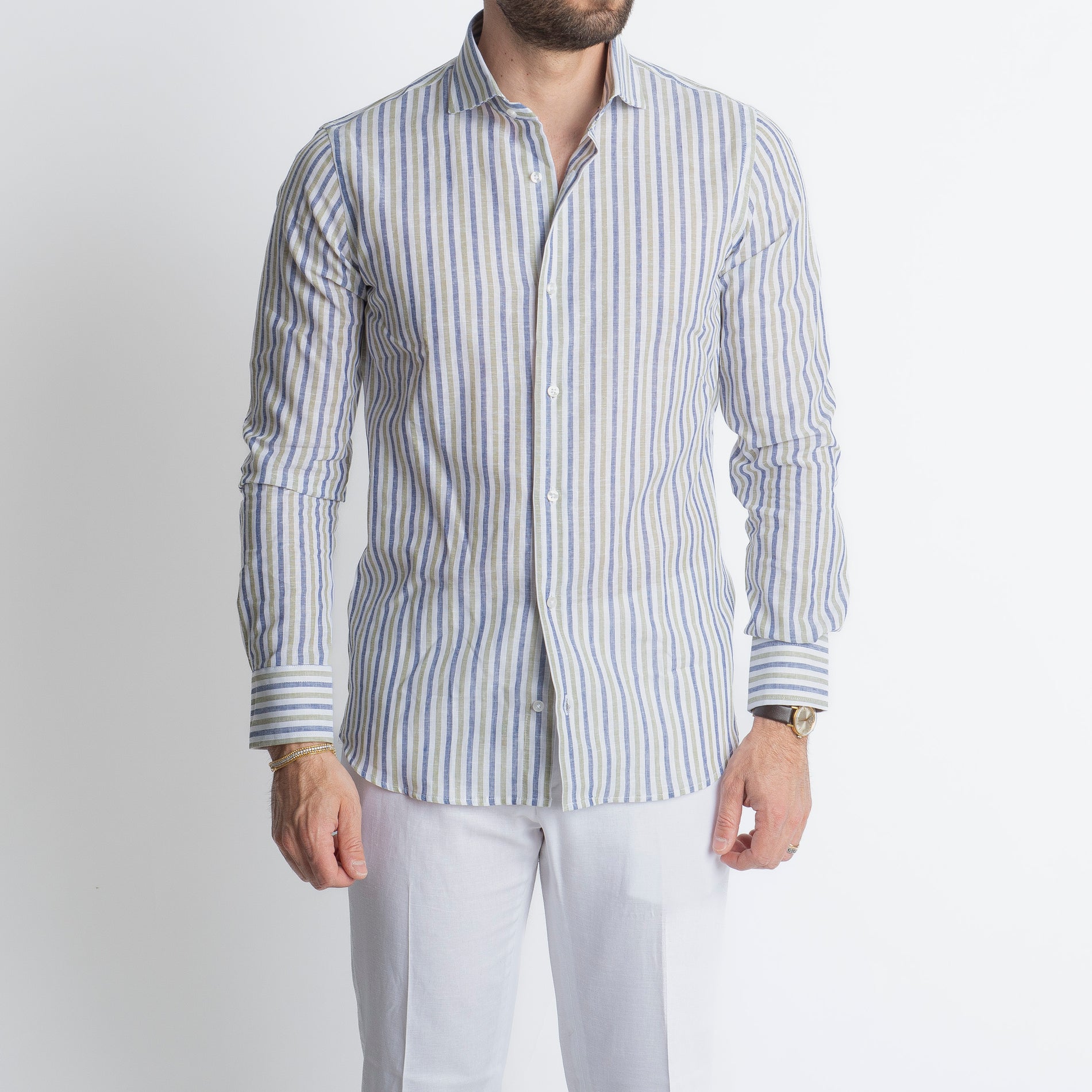 Camicia in Lino Rigata Blu/Verde