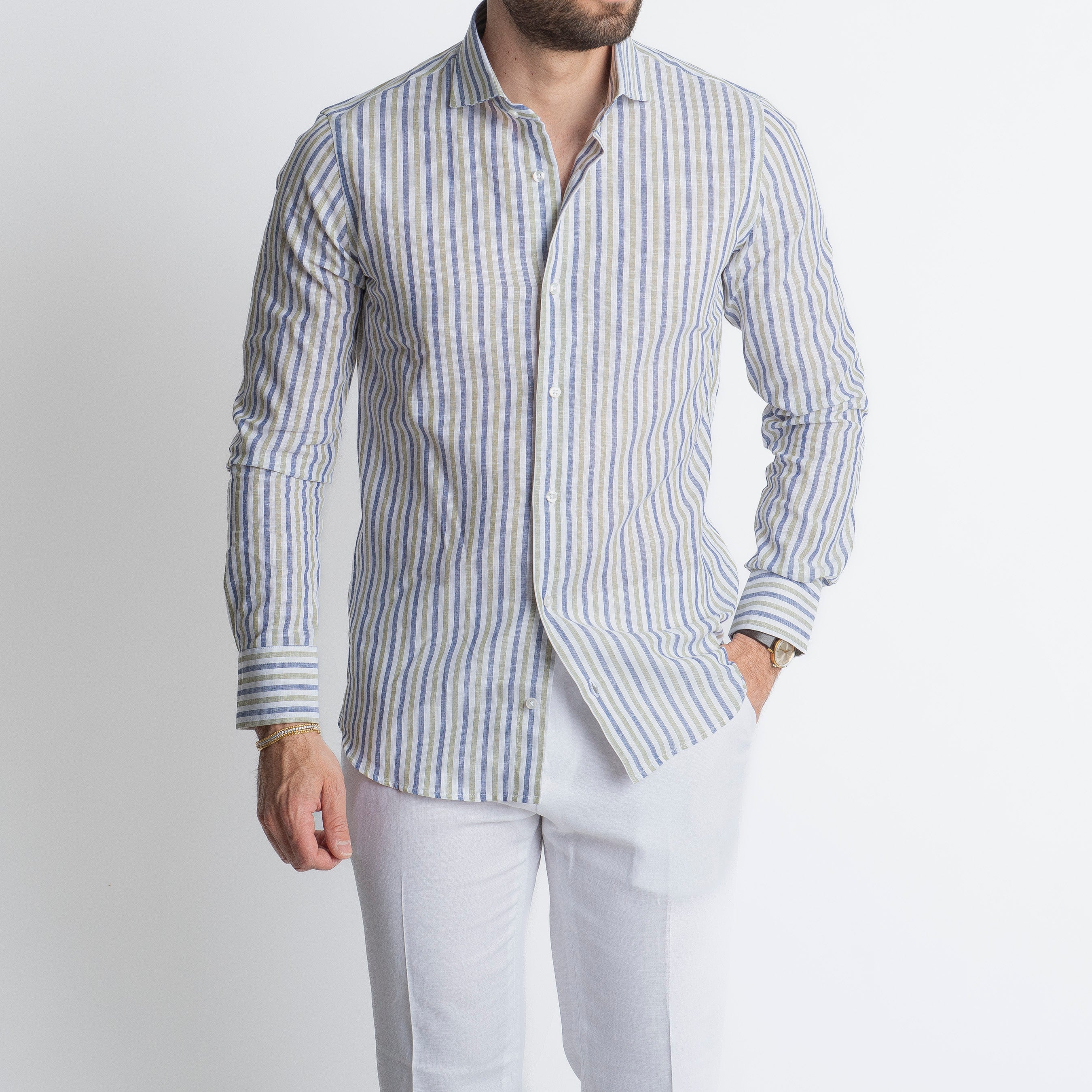 Camicia in Lino Rigata Blu/Verde