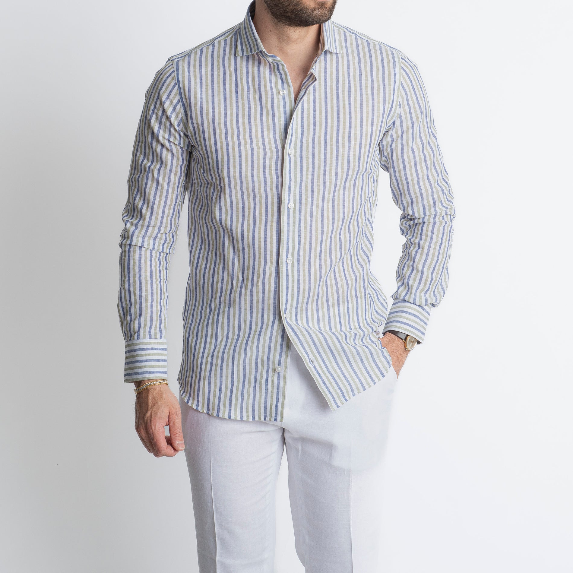 Camicia in Lino Rigata Blu/Verde
