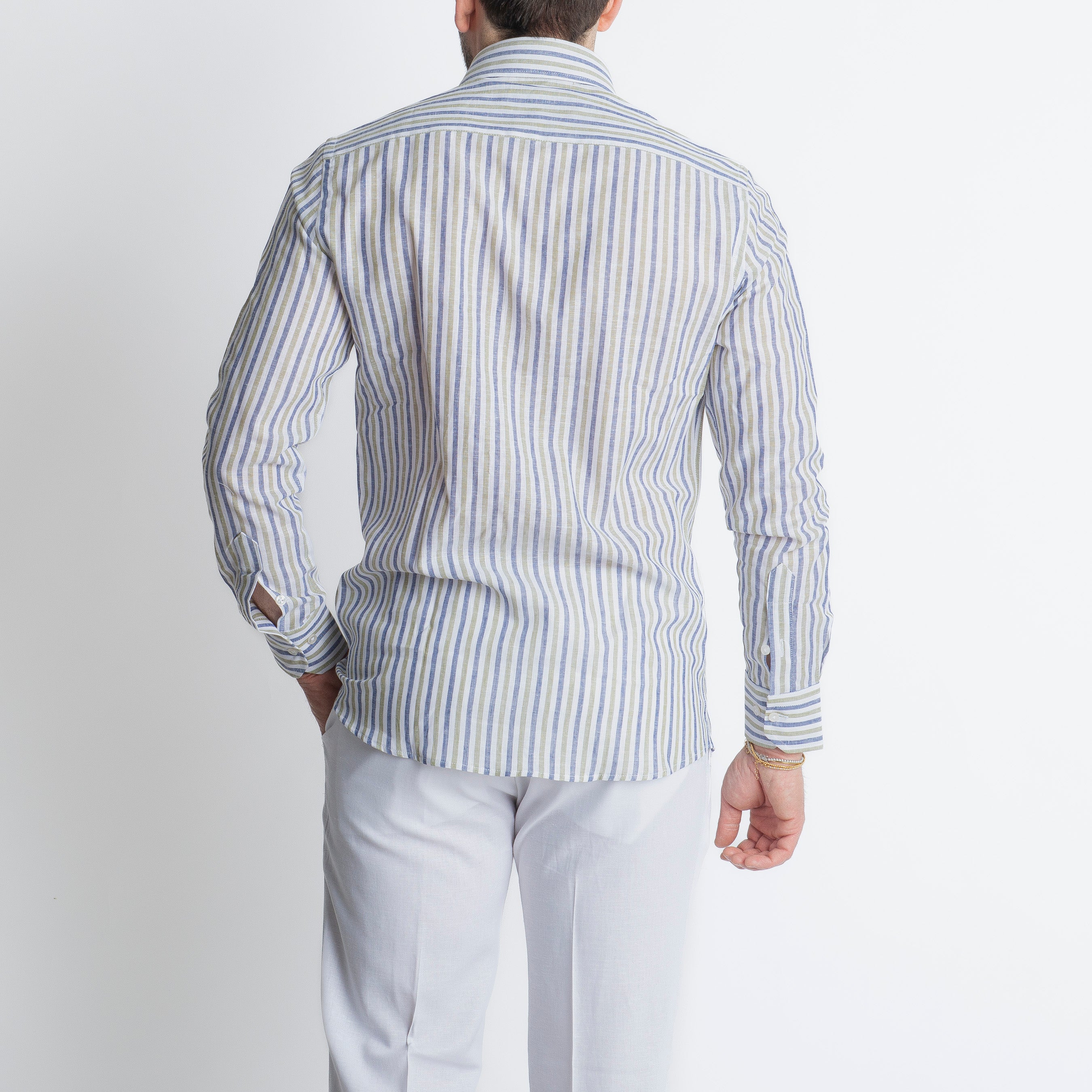 Camicia in Lino Rigata Blu/Verde