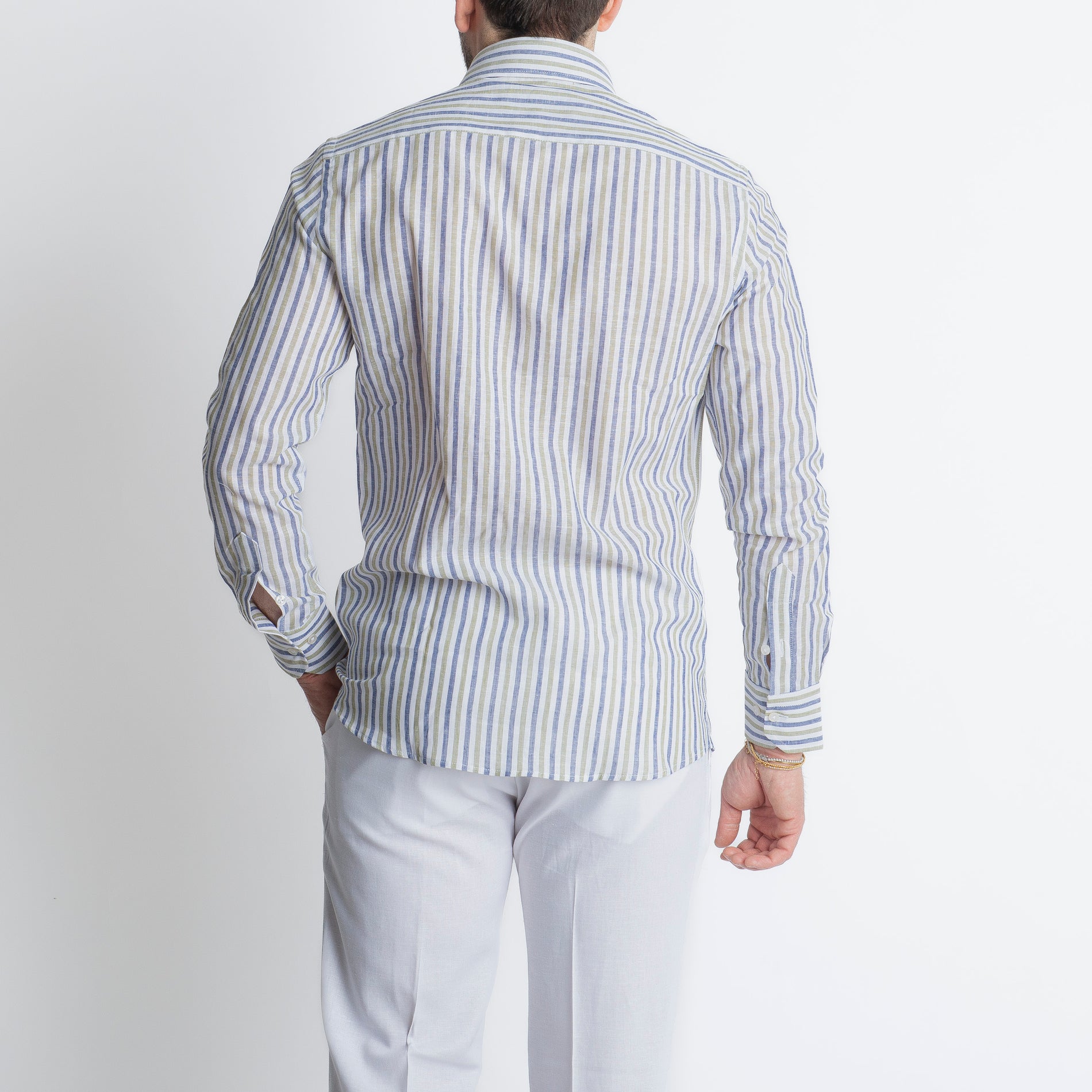 Camicia in Lino Rigata Blu/Verde